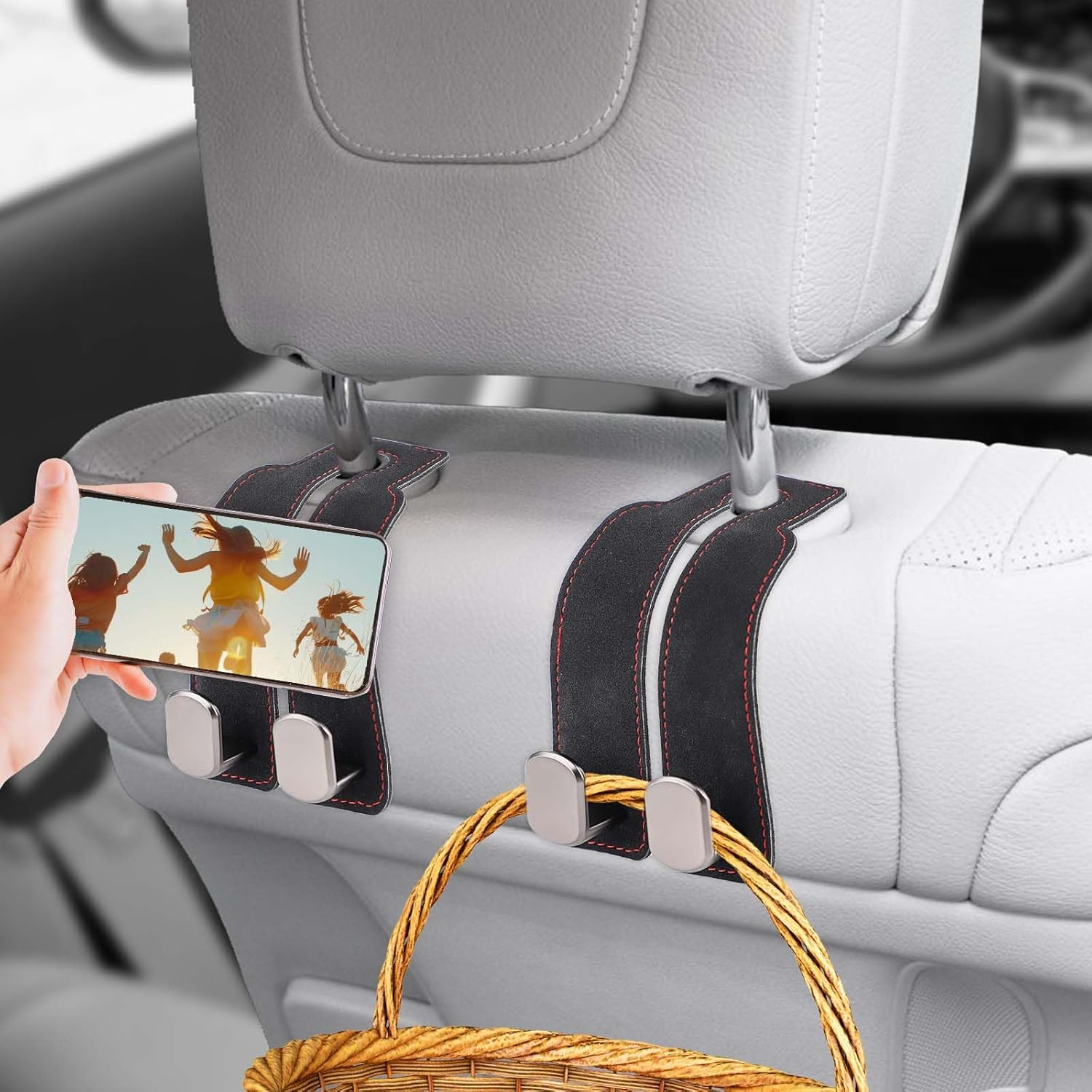 PEUTIER 2Pcs Car Headrest Hooks, Suede & Oxford Cloth with Galvanized Metal, Minimalist Car Seat Organizer Hooks for Purse, Umbrellas, Bags (Black) - Grey image number 3