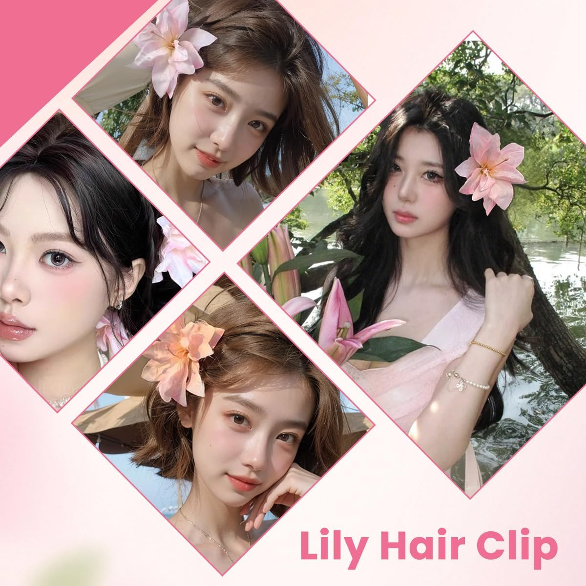2Pcs Pink Artificial Lily Flower Hair Clips Floral Shaped Barrettes Flowers Hairpins Headdress Headwears Hair Accessories for Wedding Beach Party image number 3