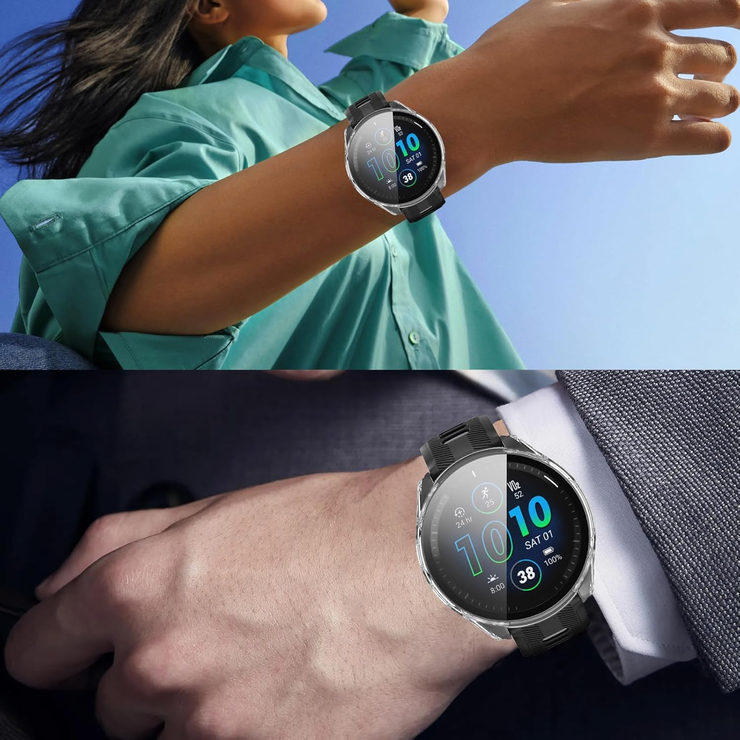 Vanrain Case for Garmin Forerunner 965, Pack of 2, 360&deg; All-Round PC Case with Protective Glass Bumper Full Cover Protective Case Black + Transparent image number 3