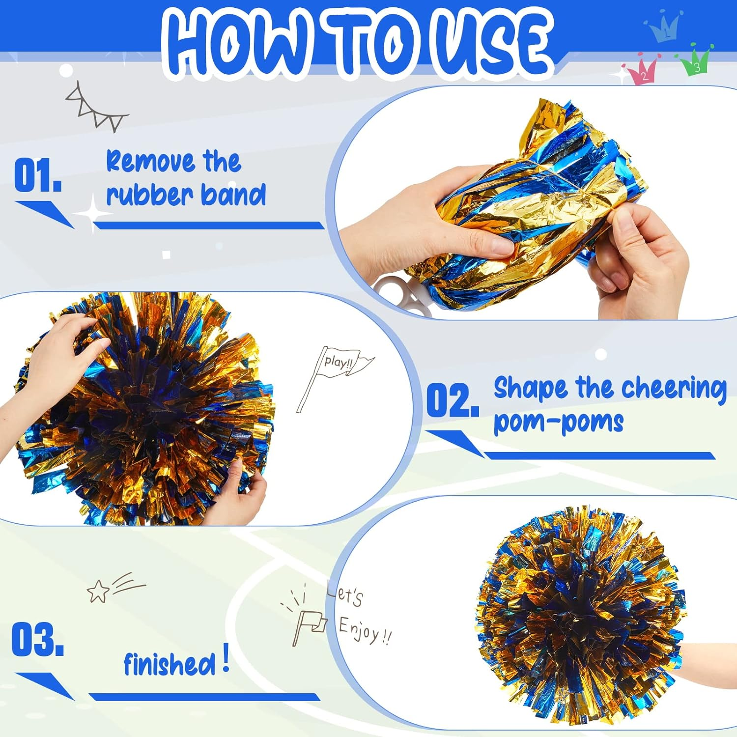 24 Pcs Metallic Foil Cheerleading Pom Poms with Plastic Finger Holes Cheerleader Pom Poms 80G Cheer Pom Poms for Dance, Matches, Team Sports, Stage Performance, Carnival Celebration (Blue/Gold) image number 3