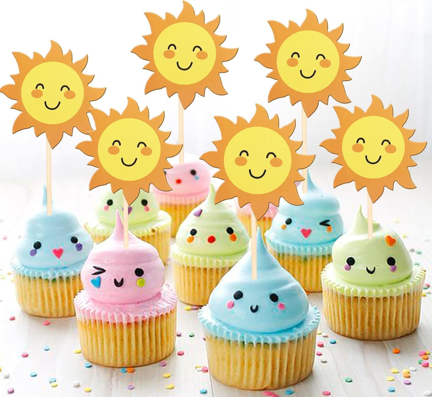 36 Pack Sun Cupcake Toppers Double Sided Sun Flower Smile Face Cupcake Picks Sunshine Cupcake Decorations for Sun Theme Baby Shower Kids Boys Girls Birthday Party Cake Decorations Supplies (Color-01)