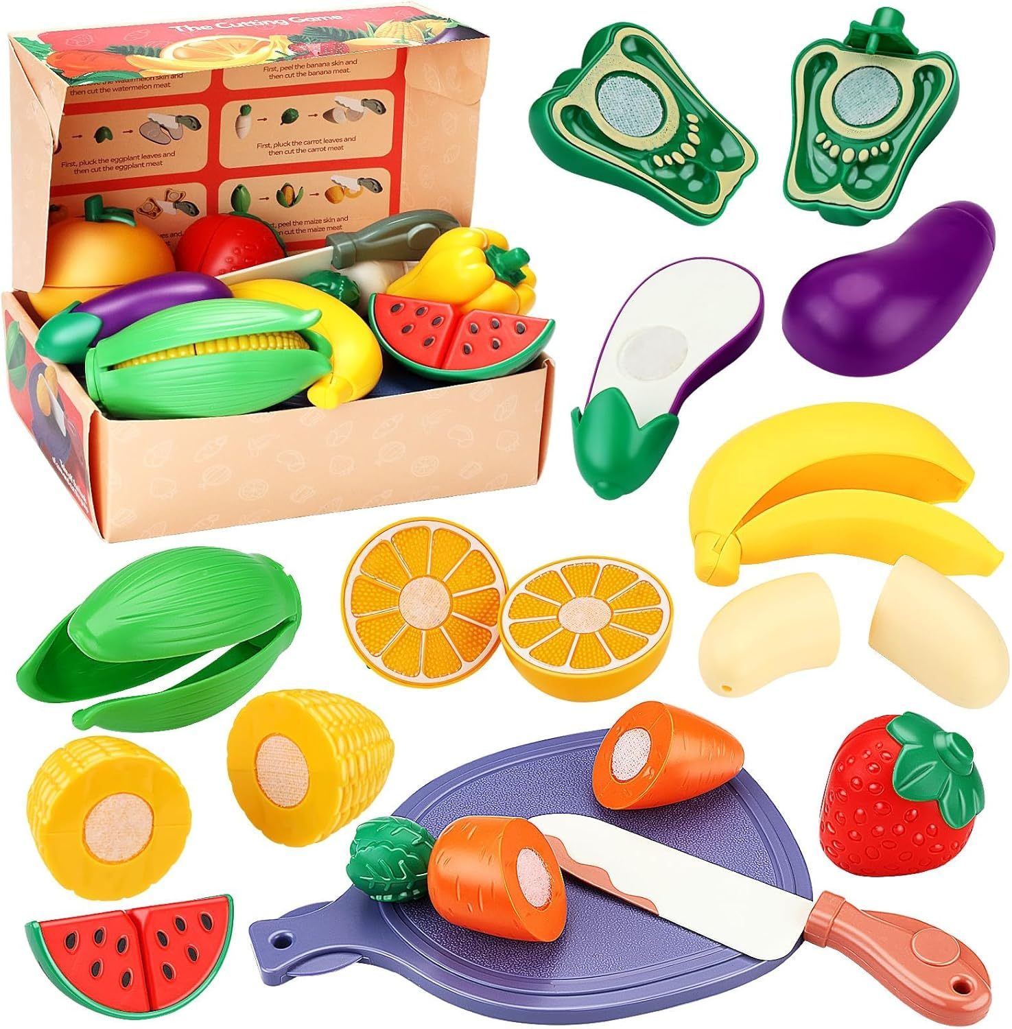 Deejoy 26Pcs Pretend Food Play Food Cutting Set for Kids,Cuttable Fruits and Vegetables Toy Kitchen Accessories with Knives and Cutting Board,Educational Toys for Toddlers,Kids,Boys,Girls image number 2