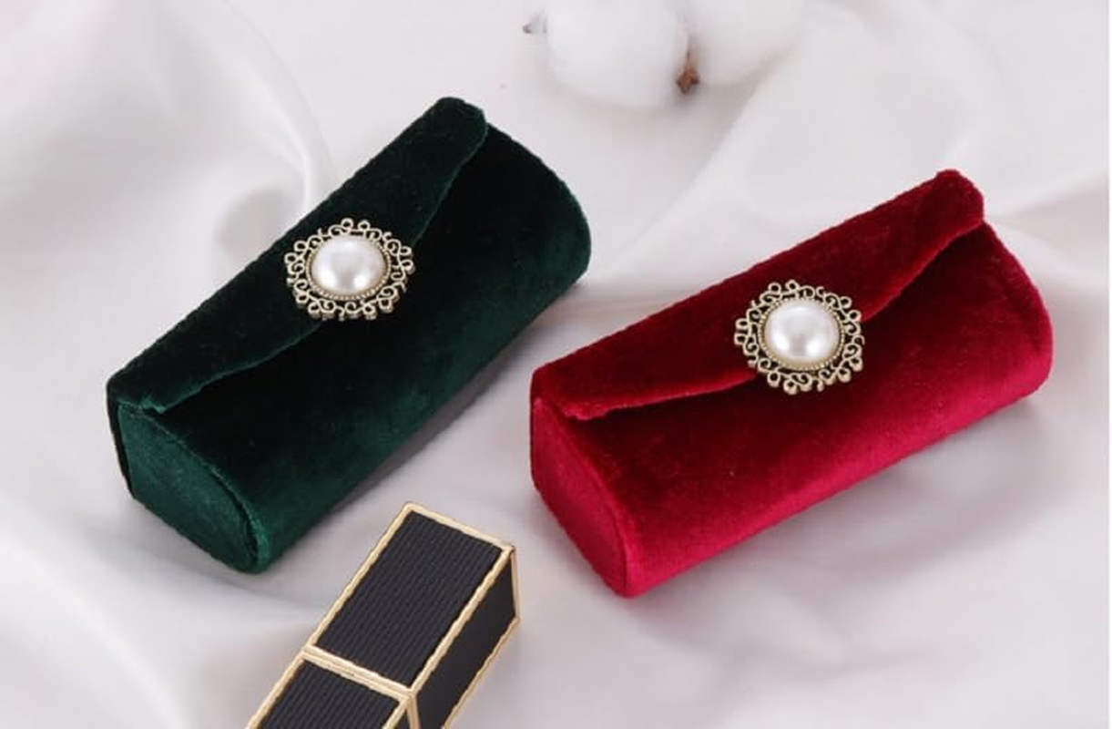 Lipstick Case Holder with Mirror, Vintage Velvet Lipstick Box Small Portable Lip Balm Organizer Bag for Women Girls (Wine Red, One Size)