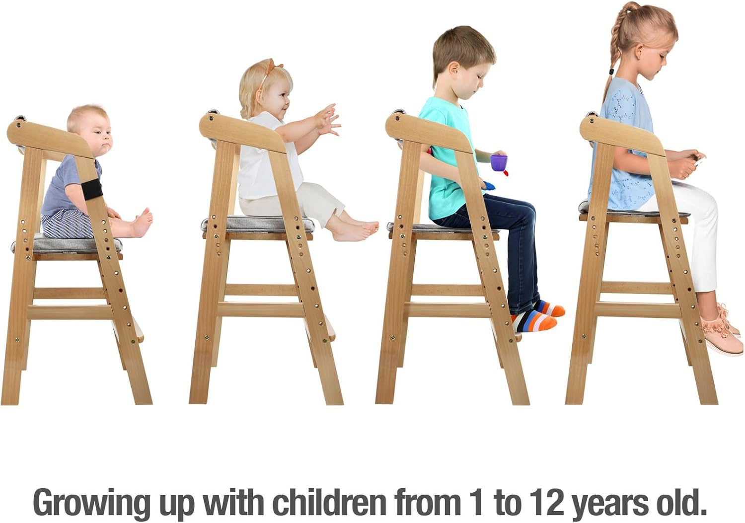 Pandaear Wooden High Chair for Toddlers, Adjustable Child Highchair Feeding Chair with Removable Cushion & Steps for Kids Dining, Eating, Studying - Walnut image number 2