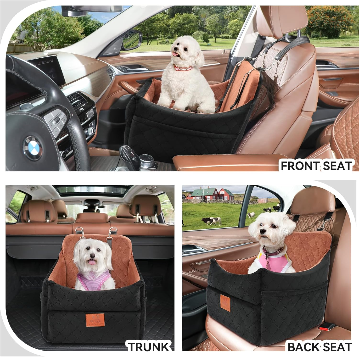 Dog Car Seat for Small/Medium Dogs, Dog Booster Car Seats with Thick Cushion for Dogs under 35Lbs, Detachable Washable Pet Car Seat with Storage Pockets, 2 Safety Belts (Black/Brown) image number 5