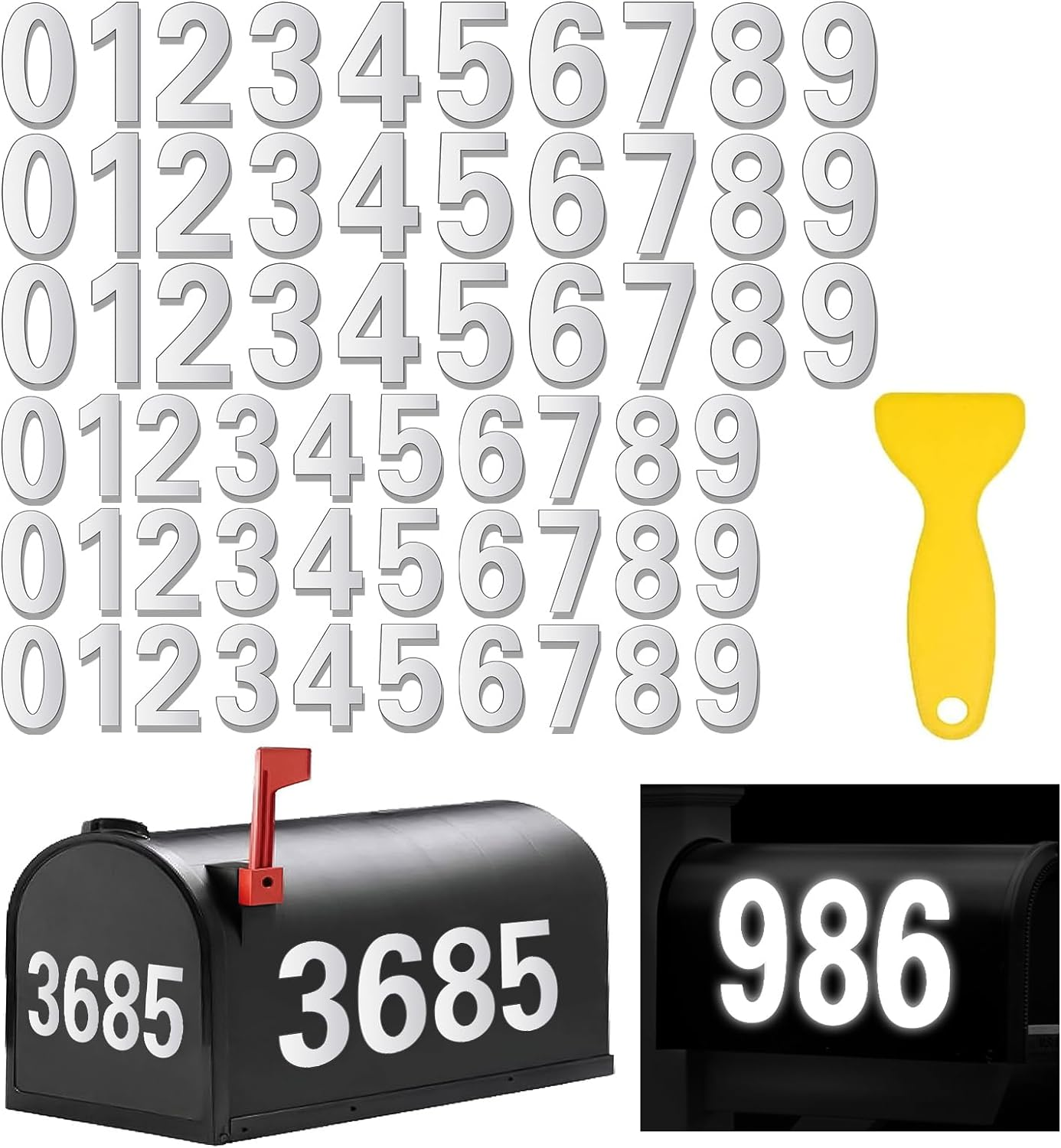 Reflective Mailbox Numbers for outside - 60 Pcs Waterproof Mailbox Numbers Stickers, Large 3 Inch 2 Inch Self Adhesive 0-9 Vinyl Number for Mailbox, Door, Garbage Bins, Address Number (White)