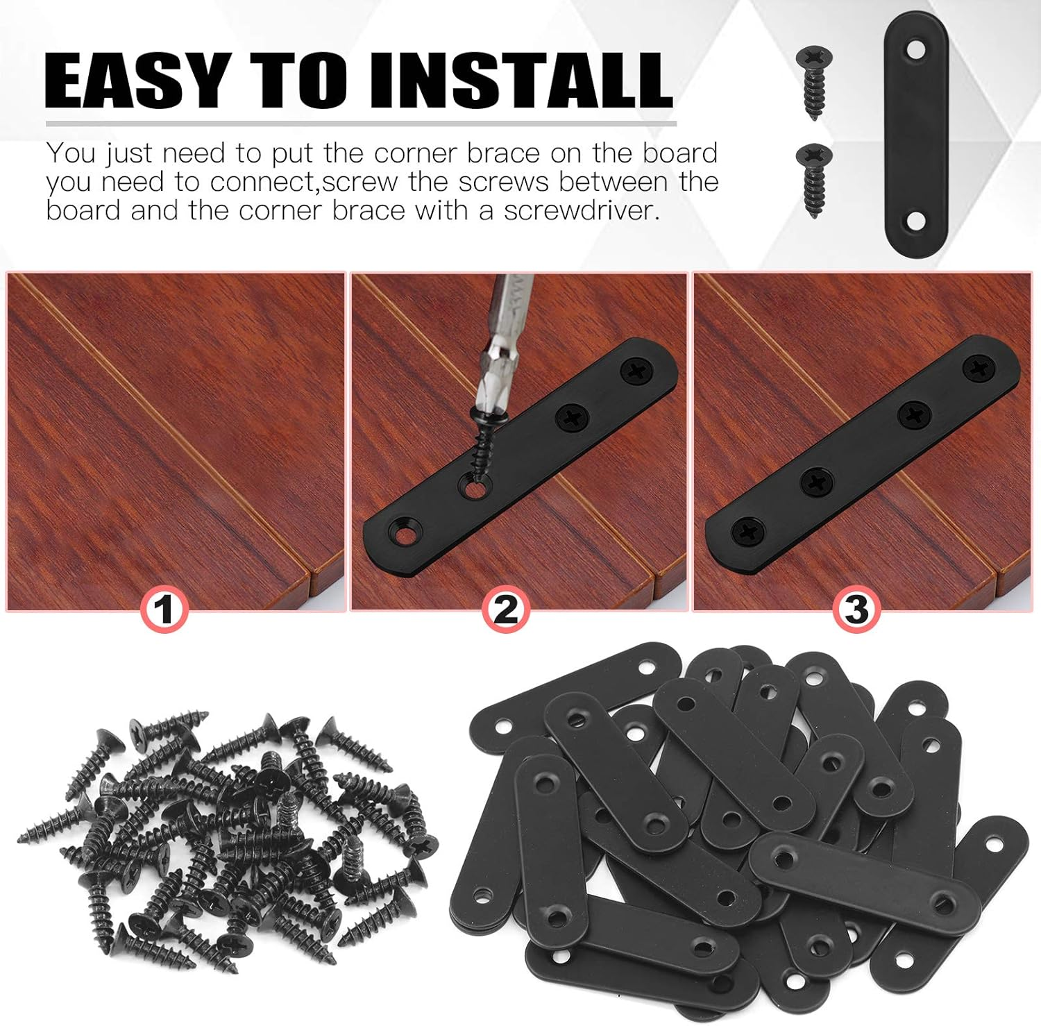 Hilitchi Straight Bracket Stainless Steel Black Straight Corner Braces Straight Flat Brace Mending Repair Flat Plates with Screw (60Mm, 20 Pack) image number 6