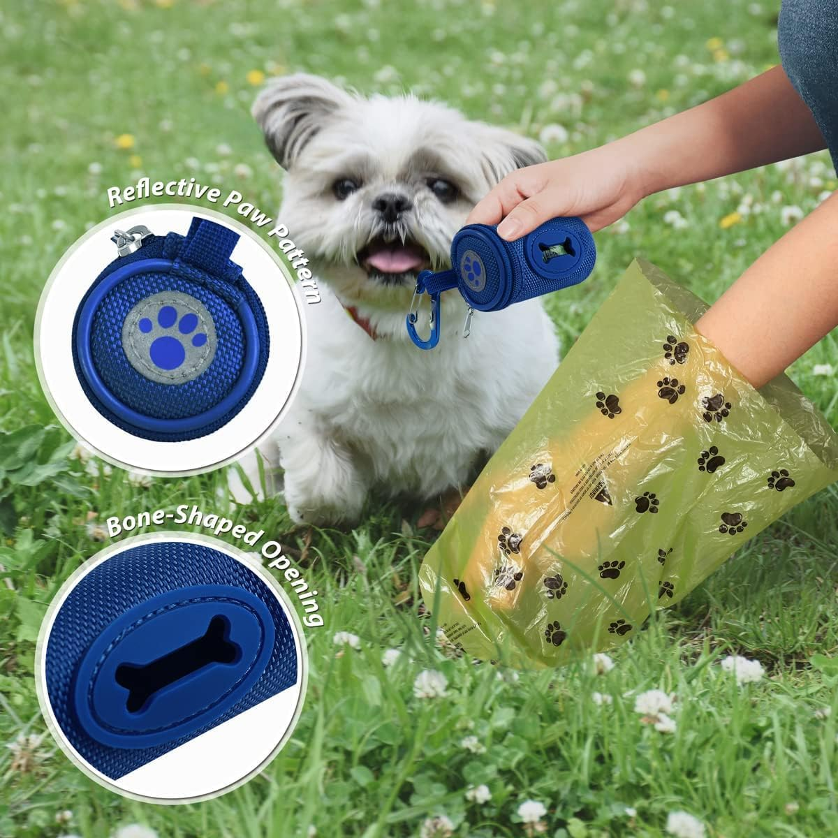 Dog Poop Bag Holder for Leash Doggie Waste Bag Dispenser Soft Fabric Puppy Potty Carrier Small Doggy Zipper Pouch with Carabiner Clip with 1 Roll of Pet Trash Bags 1Pcs (Blue)