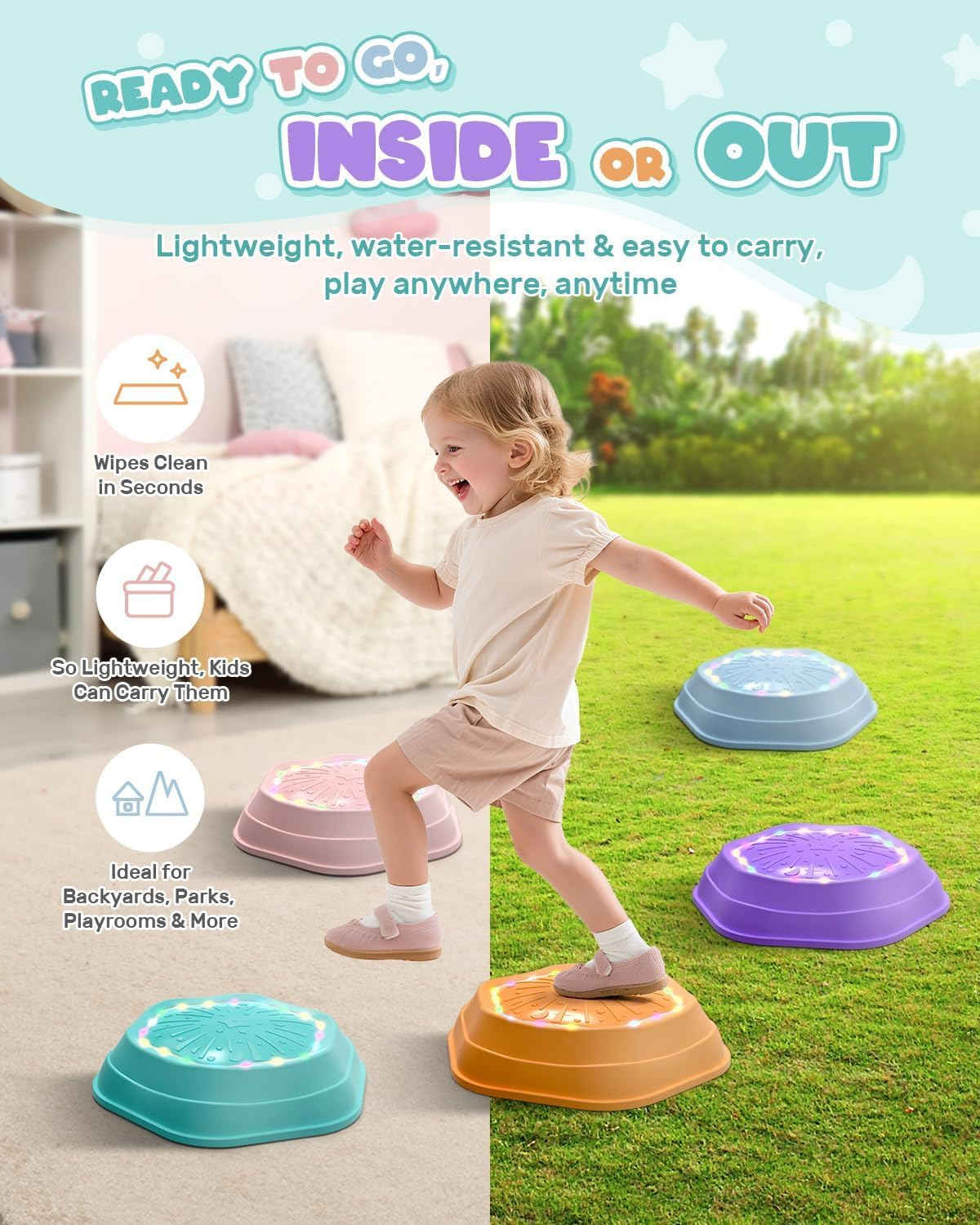 Holyton Light-Up Musical Stepping Stones for Kids, 5-Piece Set, Non-Slip Sensory Balance Stones for Toddlers, Indoor & Outdoor Play, Perfect for Ages 3+ image number 4