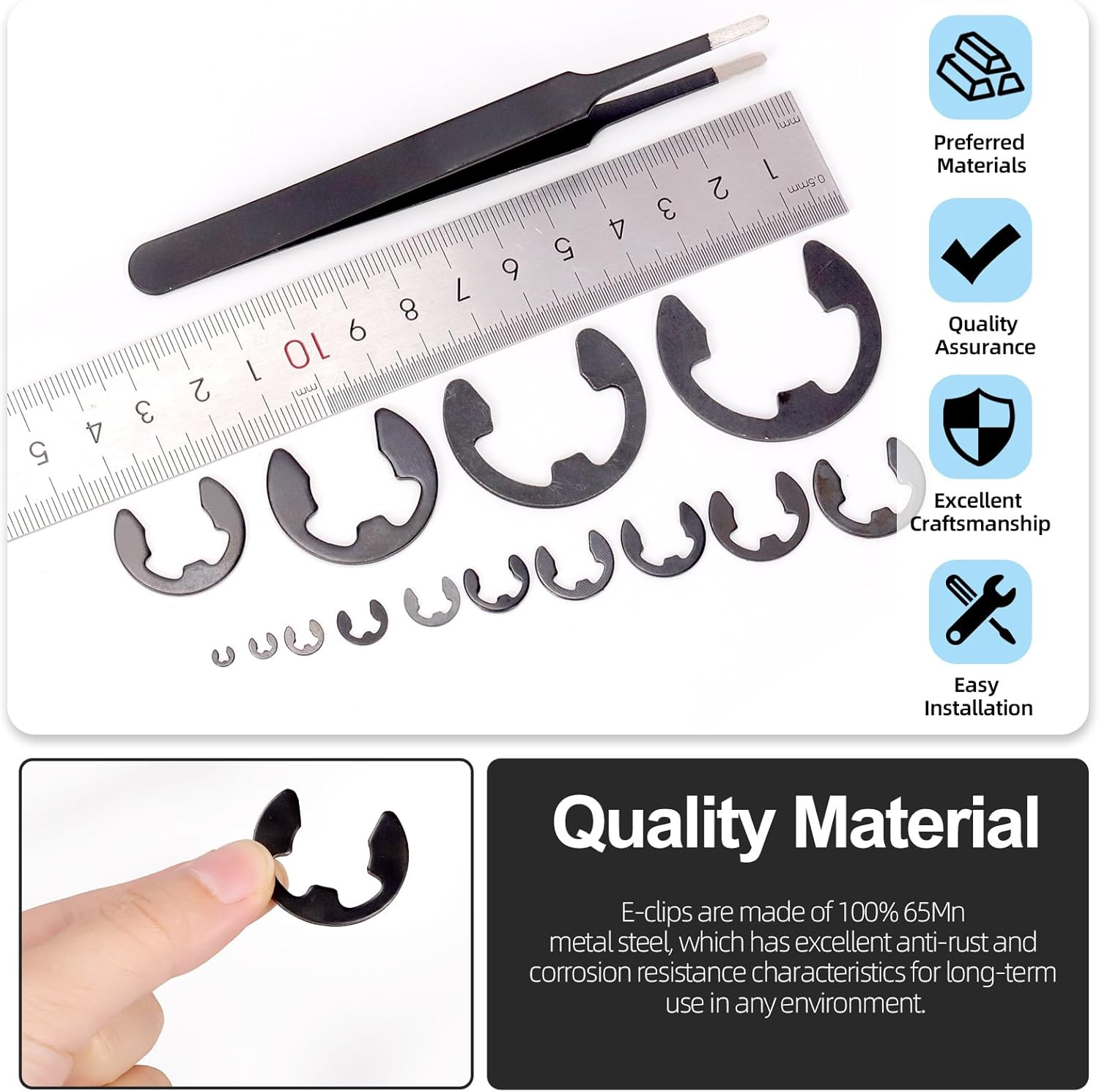 Glarks 211Pcs 65Mn-Steel E-Clips Retaining Rings Assortment Set 14 Sizes E-Ring Circlip Rings Heat Treated External Retaining Clips E-Clips Retainer Circlip Rings with Tweezers for Gears image number 1