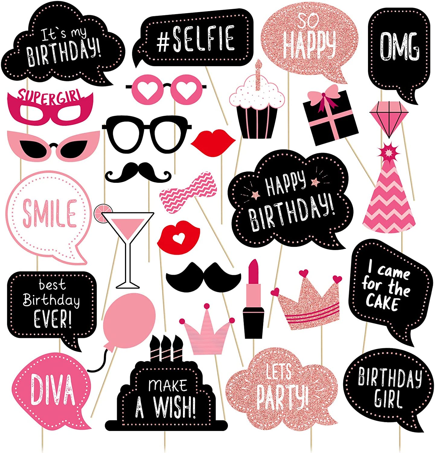 Birthday Photo Booth Props Kit - Happy Birthday Party Favors Supplies Bday Party Decoration Set with Real Glitter Cute Bday Designs for Women - Easy to Assemble 30 Pieces (Rose Gold)