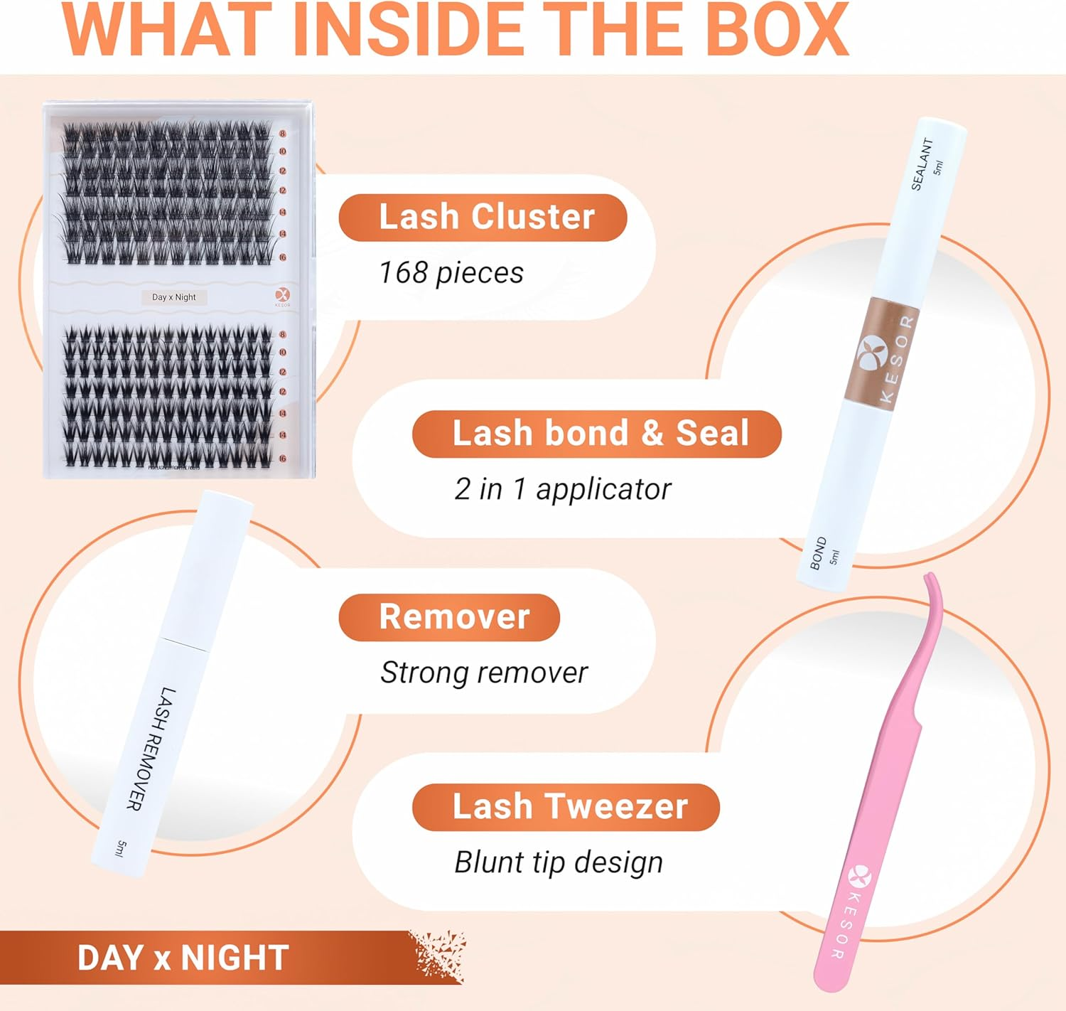 KESOR Lash Cluster DIY Extension Kit 168 Pcs 8-16Mm Premium Quality 2 Style, Bond, Sealant, Lash Applicator Tool, C Curl Mixed Natural & Volume Look in One Kit Soft Thin Band (8-16Mm at Home Kit) (Day X Night) image number 3