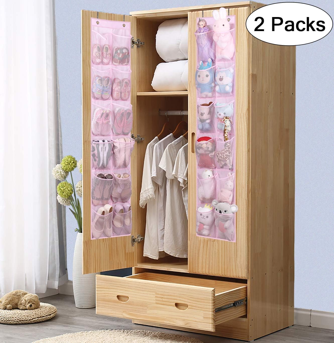 MISSLO Kids over the Door Shoe Organizer Baby Hanging Shoe Rack Narrow Closet Storage Bags with 12 Mesh Pockets for Girl Women Men Toddler Nursery, 2 Packs, Pink image number 3