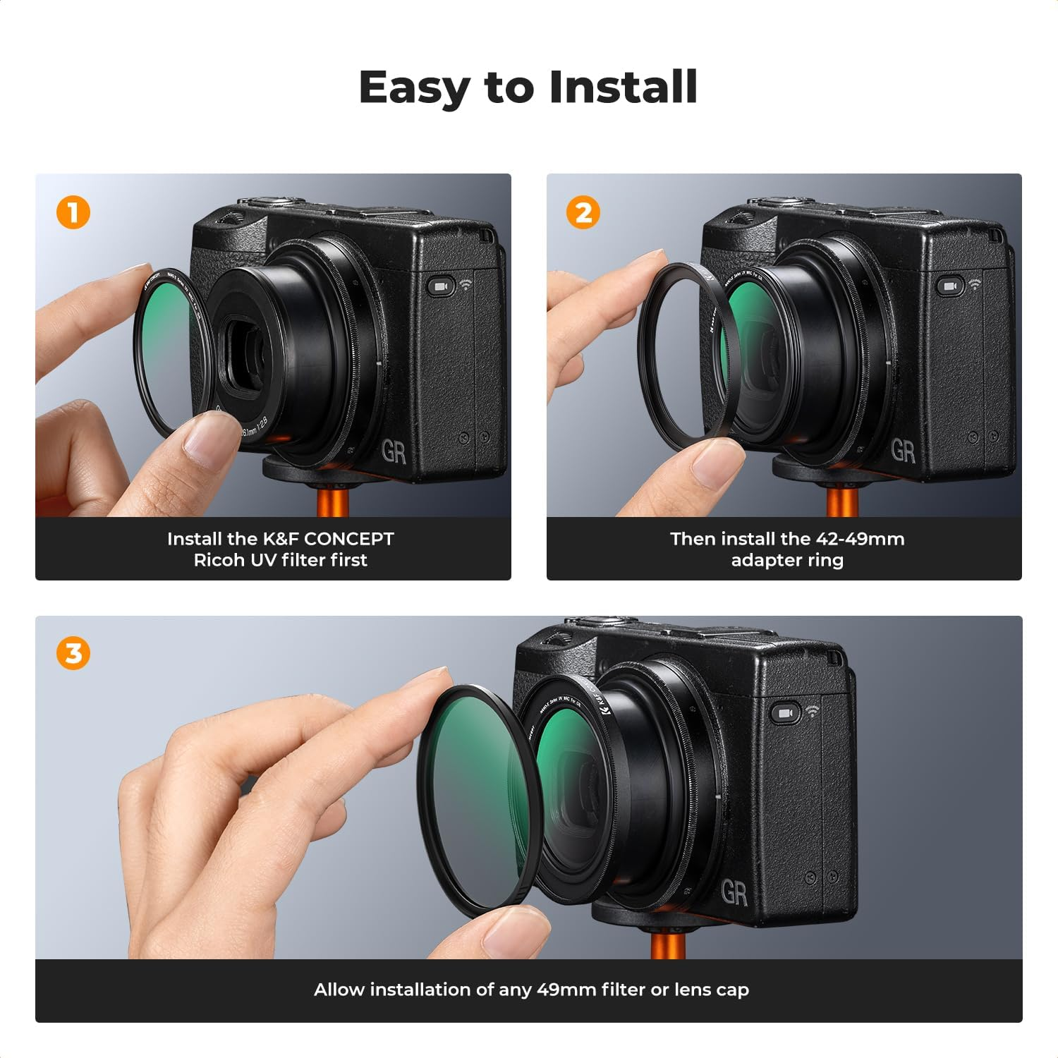 K&F CONCEPT 3 Pcs Filter Kit - UV Filter + Black Mist 1/4 + 42-49Mm Adapter Ring Set for Ricoh GR Iiix GR Iiix HDF GR3X HDF GR III GR III HDF GR3 HDF & GR II GR2