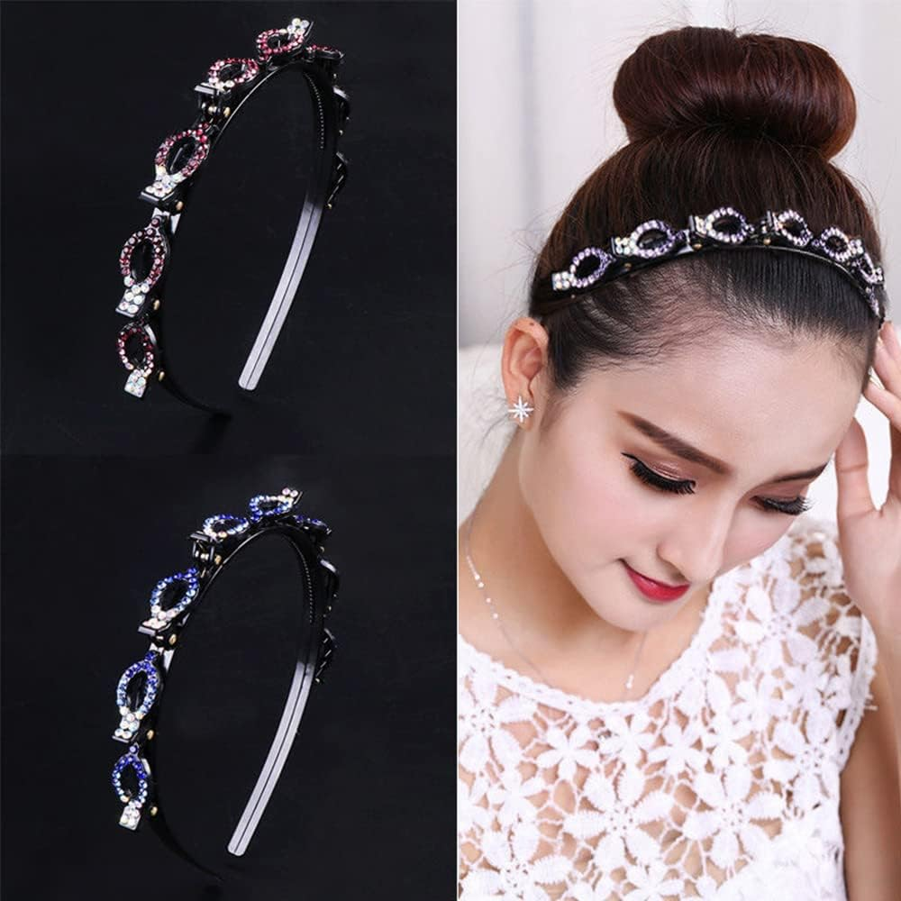 Woven Headband Rhinestone Clip Bangs Double Headband Hollow Braided Hairband (A) image number 1
