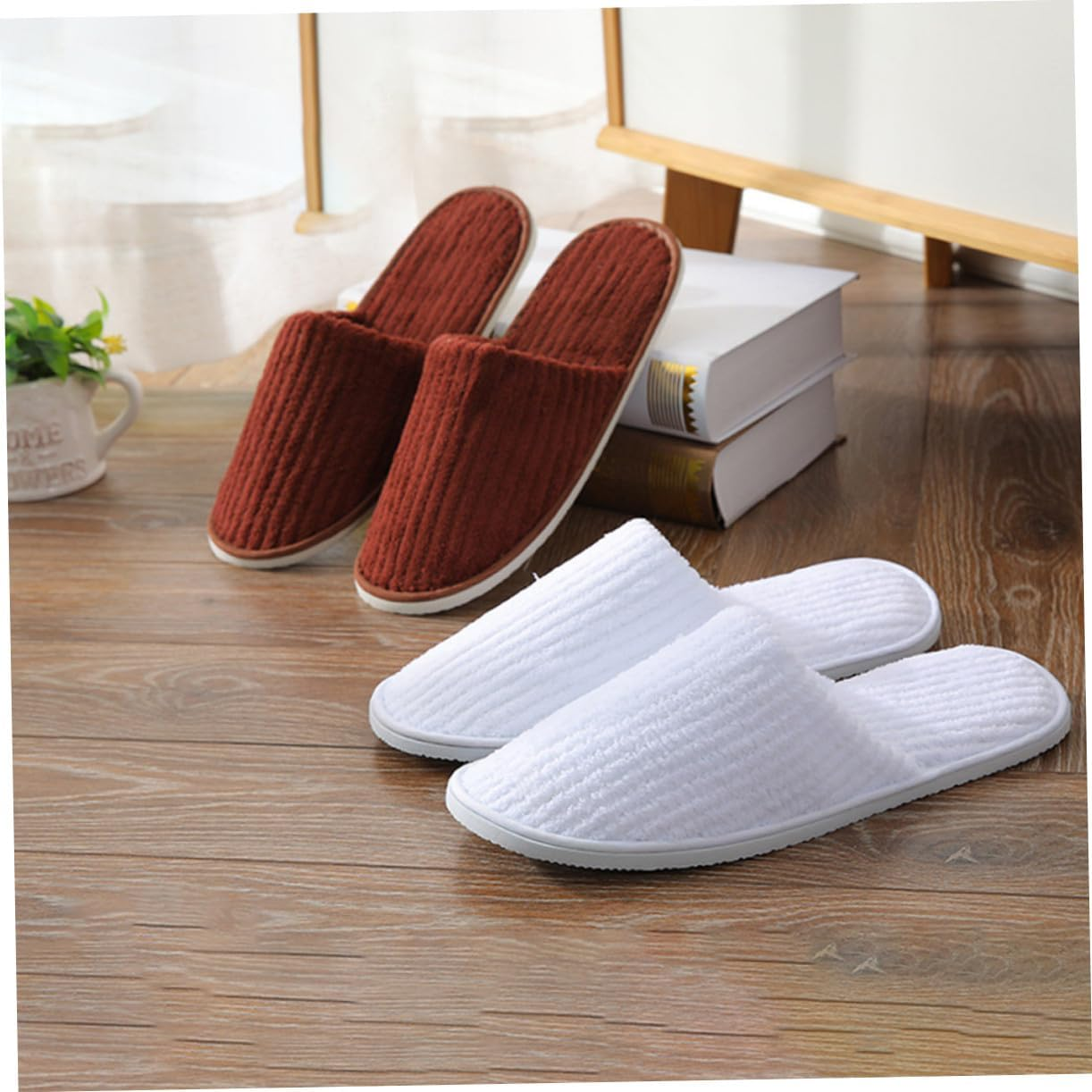 TOPPERFUN 2 Pairs Non Disposable Thick Household Slippers Coffee Color Guest Accessories Lightweight Warm Breathable Indoor Footwear for Families and Visitors image number 6