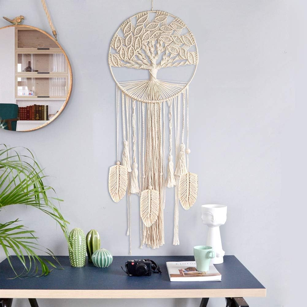 Tree of Life Large Dream Catcher, Boho Macrame Dreamcatcher with Feather Leaf | Large Woven Wall Hanging for Bohemian Wedding, Bedroom, Nursery, Cafe, or Gypsy Decor image number 6