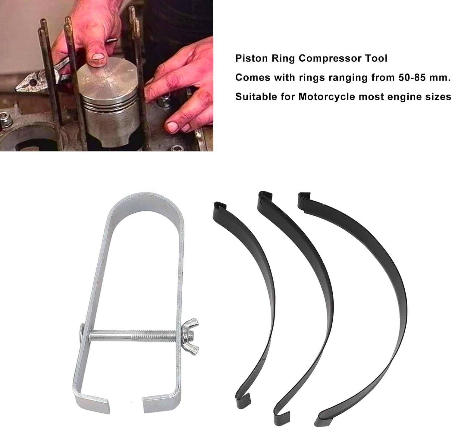 Piston Ring Compressor Tool Cylinder Installer Kit 50 to 85Mm Motorcycle Engine 4 Rings for Most Engine Sizes image number 3