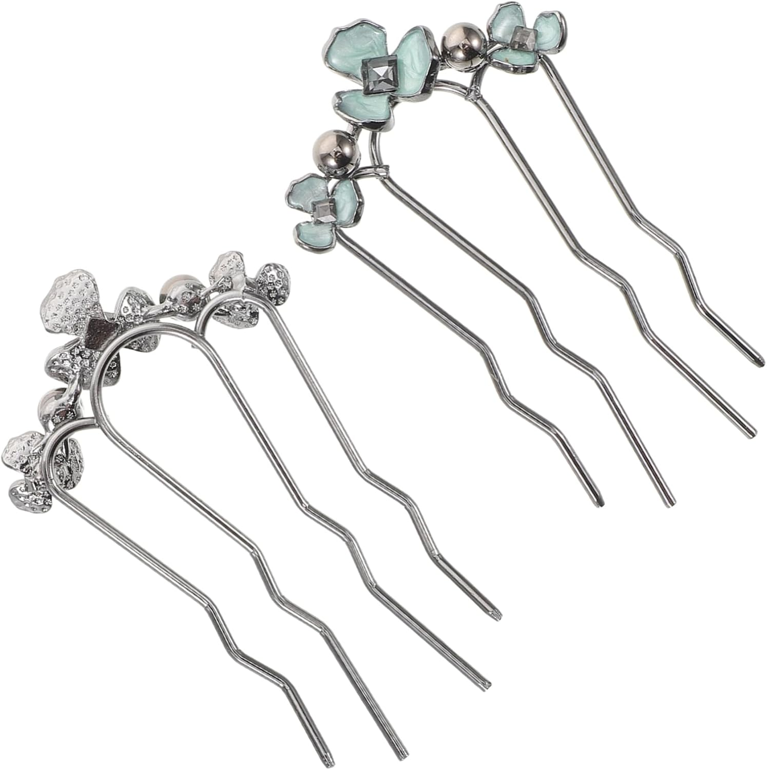 HAMPPLIES 2Pcs U-Shaped Metal Hair Forks Pearl Rhinestones 4-Prong Wave Hair Combs for Brides and Formal Events French Side Clips for Women image number 1