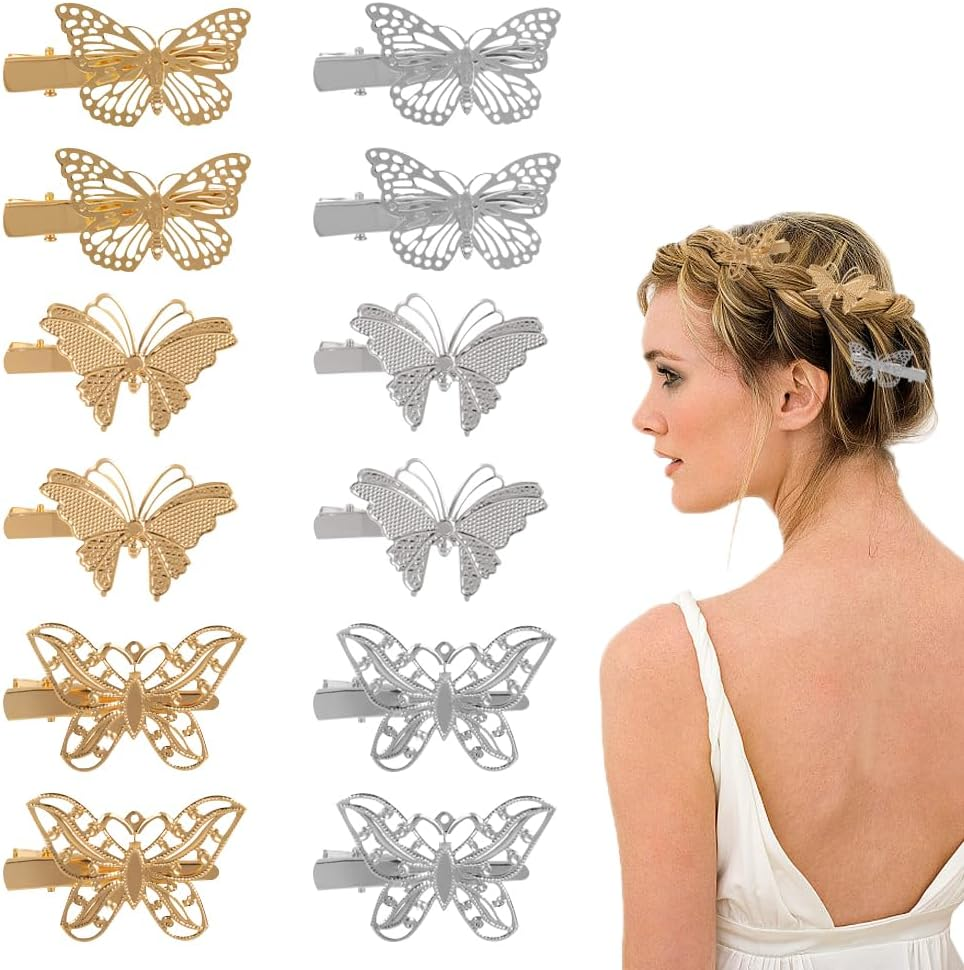 TRKETK 12 Pcs Butterfly Hair Clips Elegant Metal Butterfly Hair Clip Cute Side Hairpins Classic and Versatile Headwear Accessories Suitable for Girls Ladies Party Wedding Decoration (2 Colors)