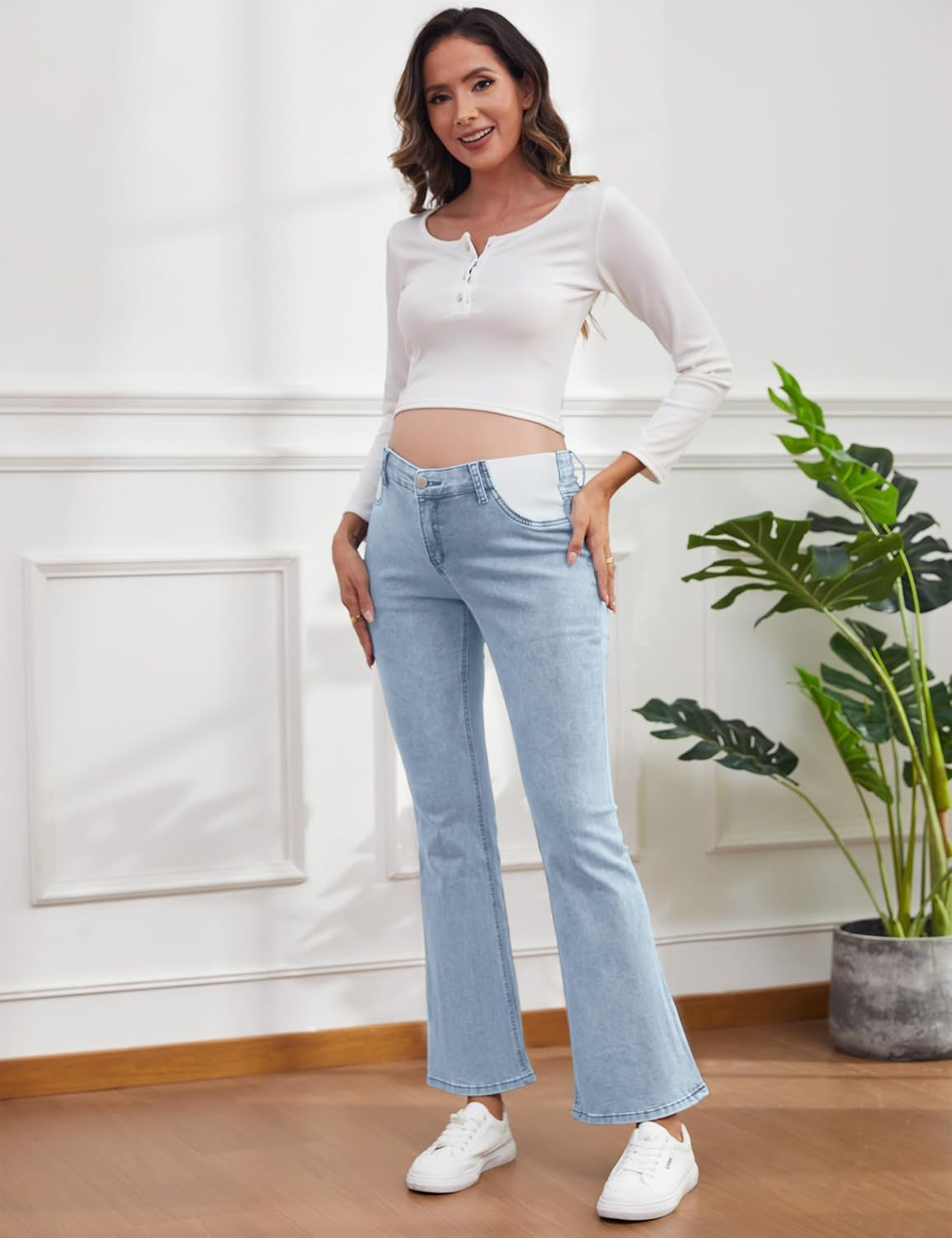 Maternity Jeans for Women Pregnancy Bootcut Jeans Mid-Rise Flare Denim Maternity Pants with Pockets image number 2