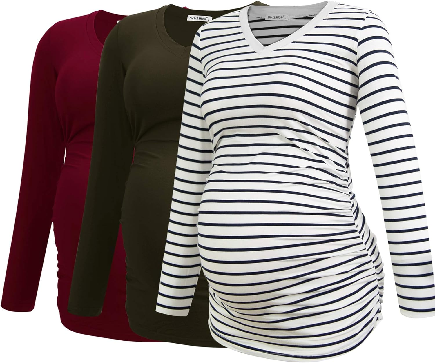 Smallshow Women'S V-Neck Maternity Shirt Clothes Long Sleeve Ruched Pregnancy Top