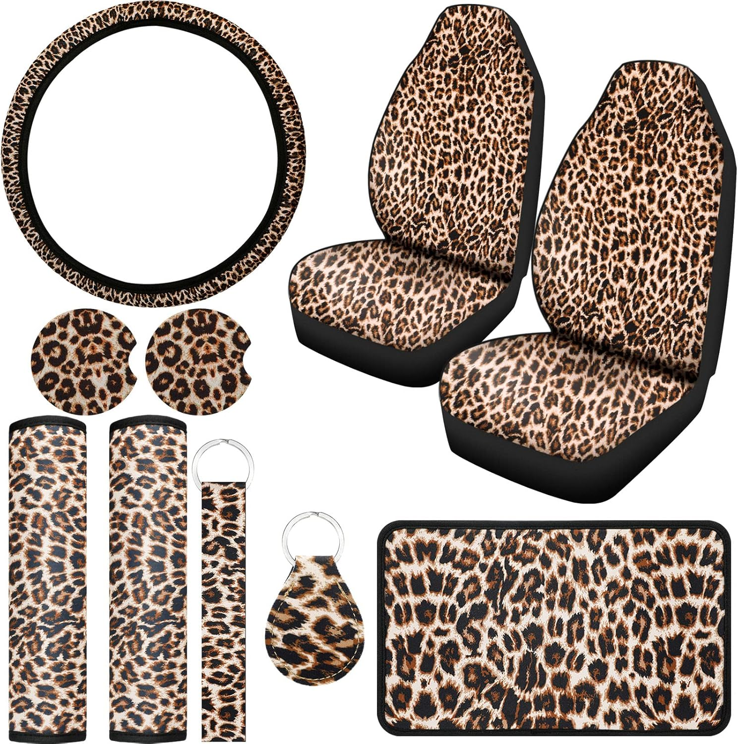 10 Pieces Leopard Print Car Decorations, Includes Leopard Front Seat Covers, Steering Wheel Cover, Leopard Car Coasters, Armrest Pad Cover Seat Belt Pads and Keychain Wrist Strap for Universal Cars image number 3
