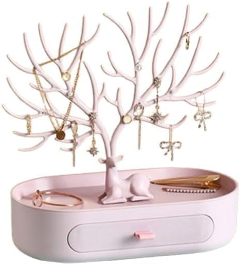 Antler Tree Jewelry Organizer Stand with Storage Drawer and Tray for Necklaces, Rings, Earrings, and Bracelets (Grey)