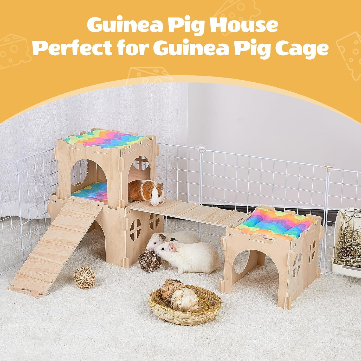 Guinea Pig Hideout, Guinea Pig House with Stairs and Mats Extra Large Guinea Pig Castle Detachable Hideouts for Small Animals Wooden Guinea Pig Habitats with Multiple Doors and Windows image number 1