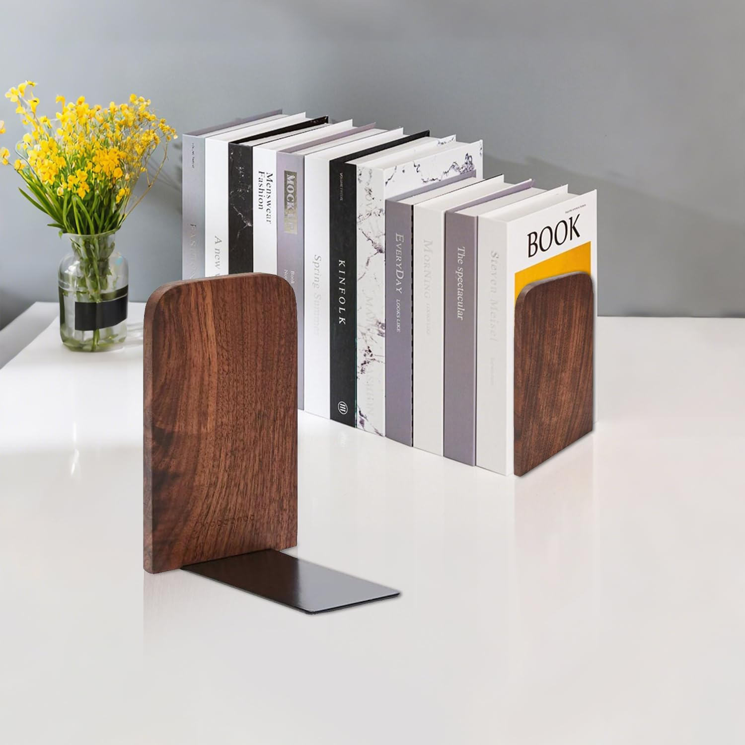 Handcrafted Walnut Bookends with Sturdy Metal Base &ndash; Premium Office & Library Organizer, Natural Wood Decor for Shelves (2-Pack, Eco-Friendly) - 2 Pack image number 4