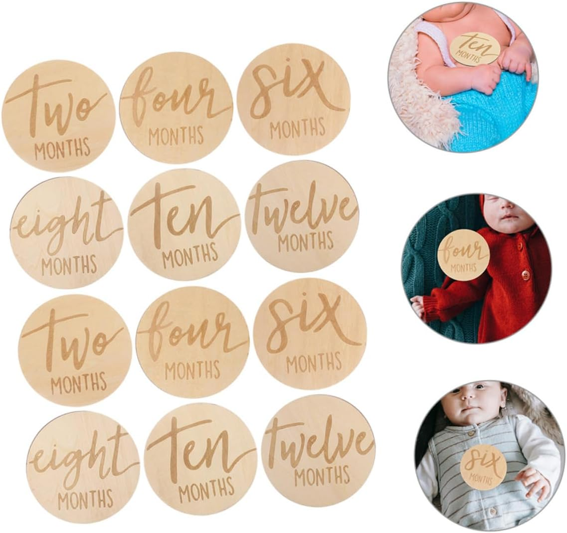 UPKOCH 12Pcs Wooden Monthly Milestone Cards for Growth round Milestone Signs for Boy Girl for Newborn Photography image number 2