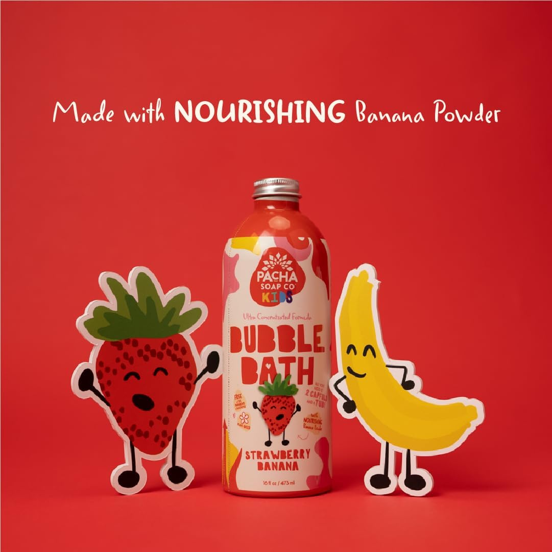 Pacha Soap Co. Kids Bubble Bath, Strawberry Banana, 2 Pack - Make Bathtime Fun & Squeaky Clean, Ultra-Concentrated, Foaming, Plant-Based, Vitamin Rich, Non-Toxic, Tear-Free, Recyclable image number 3