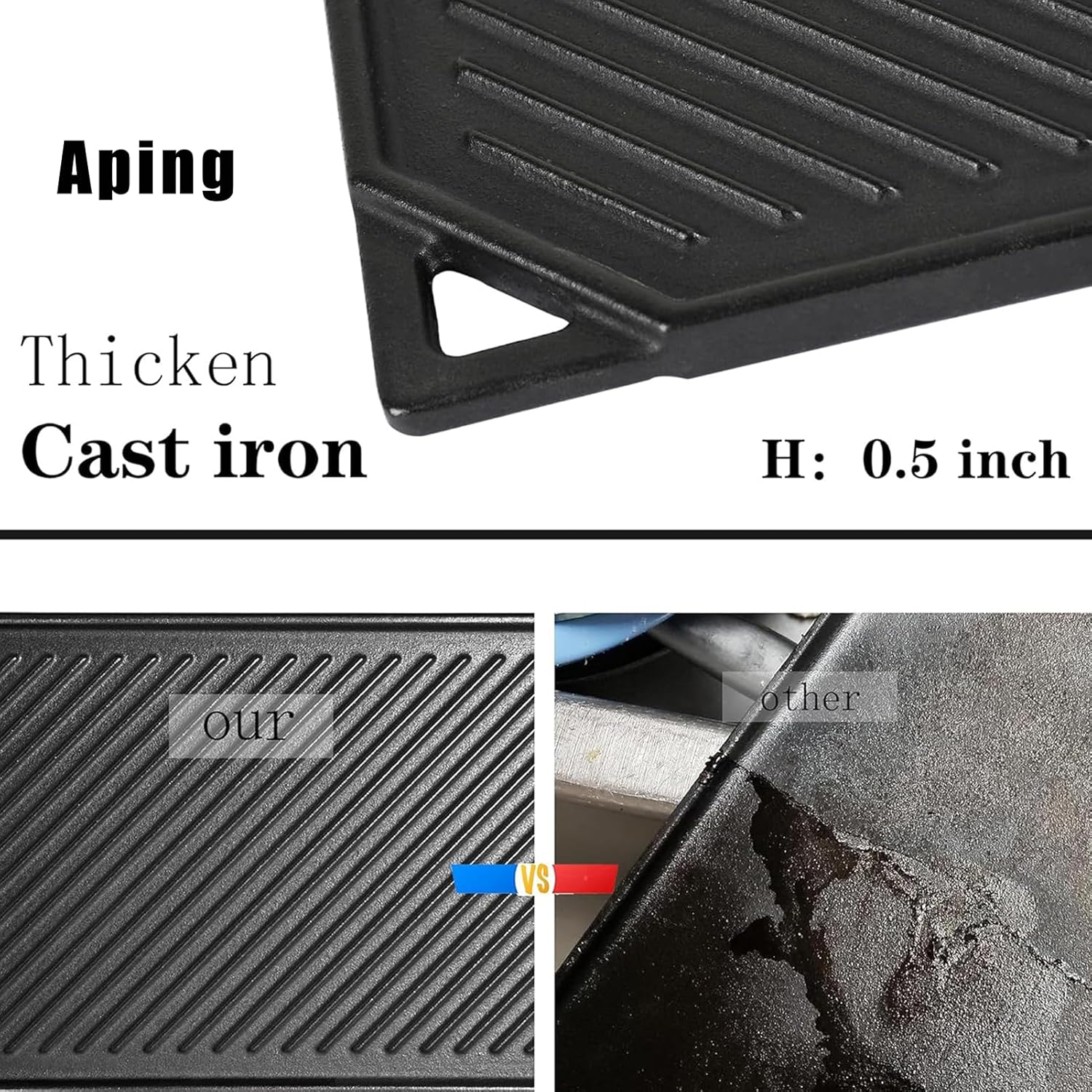 Aping Cast Iron Griddle, Nonstick Reversible Griddle Pan with Mitts for Gas Grill, Cast Iron Griddle Plate for Gas Stove Top, Oven, Outdoor Grill or Campfire,16.5'' X 9.5'' image number 2