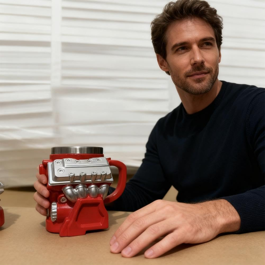 Retro Engine Coffee Mug, V8 Engines Stainless Steel Cup, 3D Mechanical Coffee Cup, Personalized Double Wall Insulation Car Mugs with Handle Perfect for Father'S Day, Christmas, Husband,Car Enthusiast