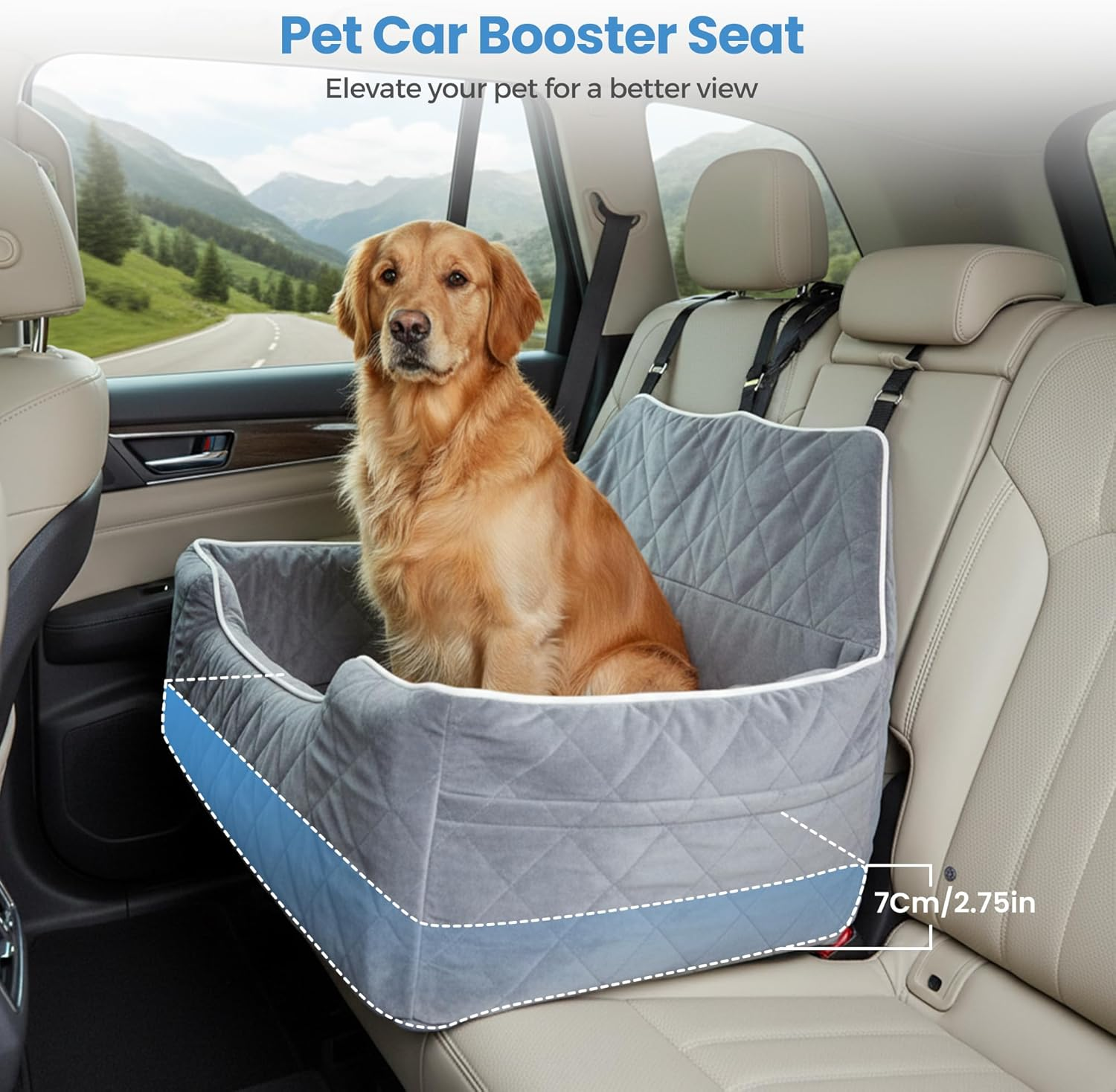 Advwin Dog Car Seat for Large Medium Sized Dogs, Dog Booster Seat for 2 Small Dogs with Detachable Washable Cover and Cushion, Pet Car Seat with Safety Belts and Storage Pockets