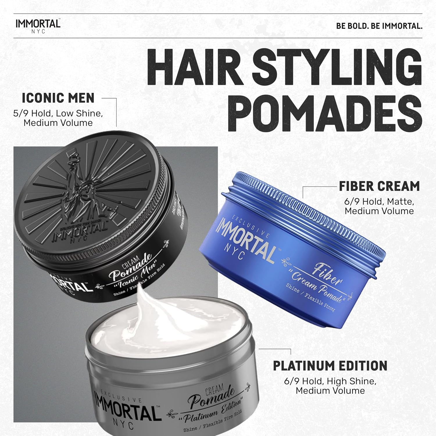 Immortal NYC Iconic Men Cream Pomade - Flex Medium/Stong Hold - Low Shine All Natural Water-Based Hair Cream Pomade for Men - No Residue, All Hair Types image number 1