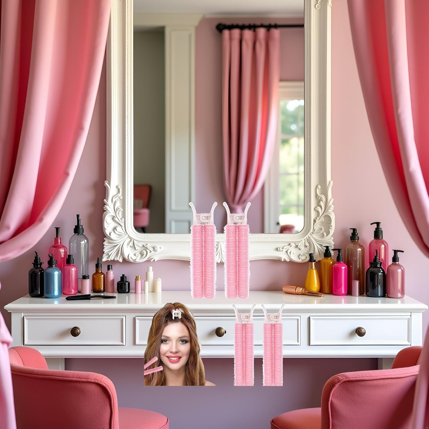 4 Pcs Pink Hair Rollers with Clip,Portable Hair Volume Clip,Volumizing Hair Root Clips,Bangs Curler DIY Hair,Styling Accessories,Self Grip Volume Hair Root,Hair Rollers,Styling Tools and Appliances