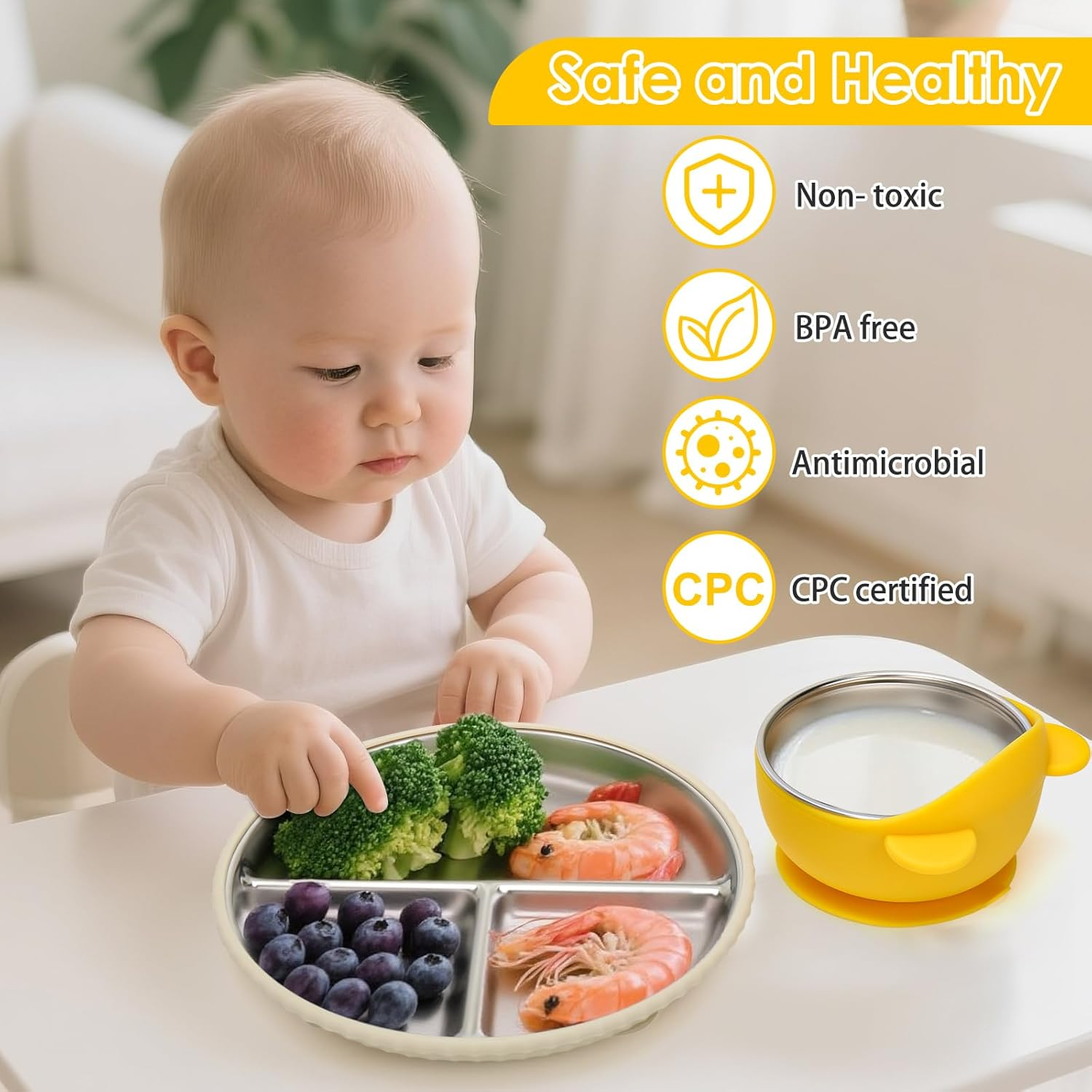 Baby Stainless Steel Feeding Set - 2 Four Leaf Clover Plate + 2 Bowls with Removable Silicone Lids | 100% Food Grade 304 Steel | Dishwasher Safe Toddler Tableware (Pink & Yellow) image number 3