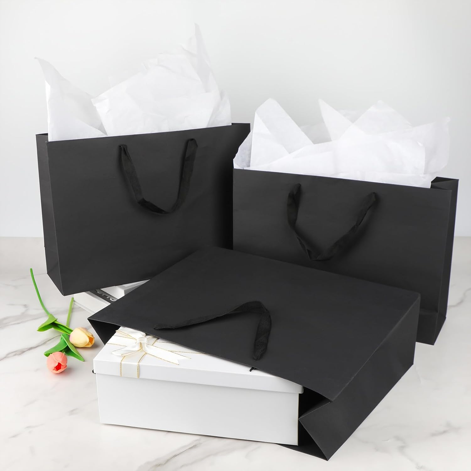 Fayrvind 6 Pack 40 X 28 X 12CM Black Gift Bags with Handles,Large Size Gift Bags Bulk with White Tissue Papers for Christmas Birthday Graduation Anniversary Fancy Wedding, Baby Shower Bridesmaid Party