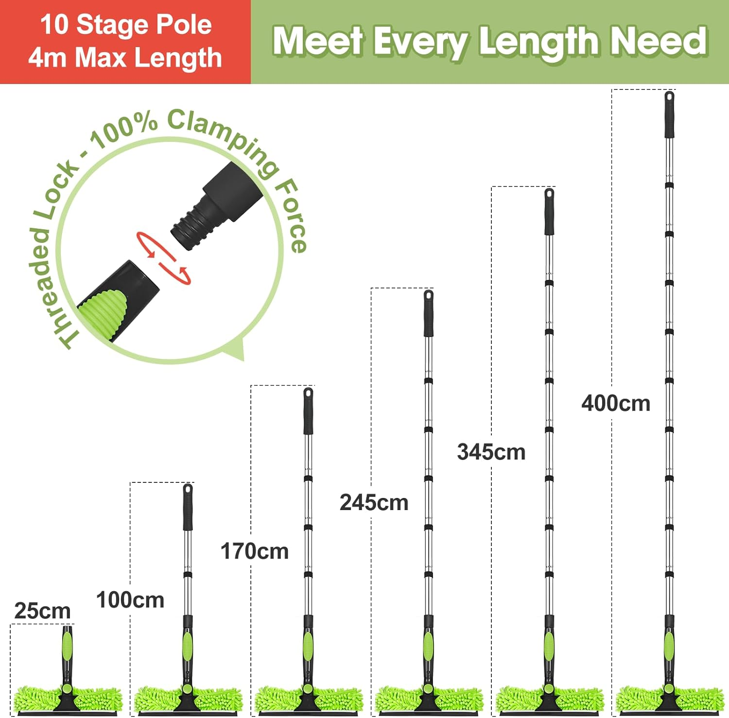 Window Cleaning Equipment, 400Cm Extendable Window Cleaning Pole with Silicone Squeegee & 3 Microfiber Mops, 2In1 Window Cleaning Kit for High Window, Long Reach Telescopic Window Cleaner Tool image number 4