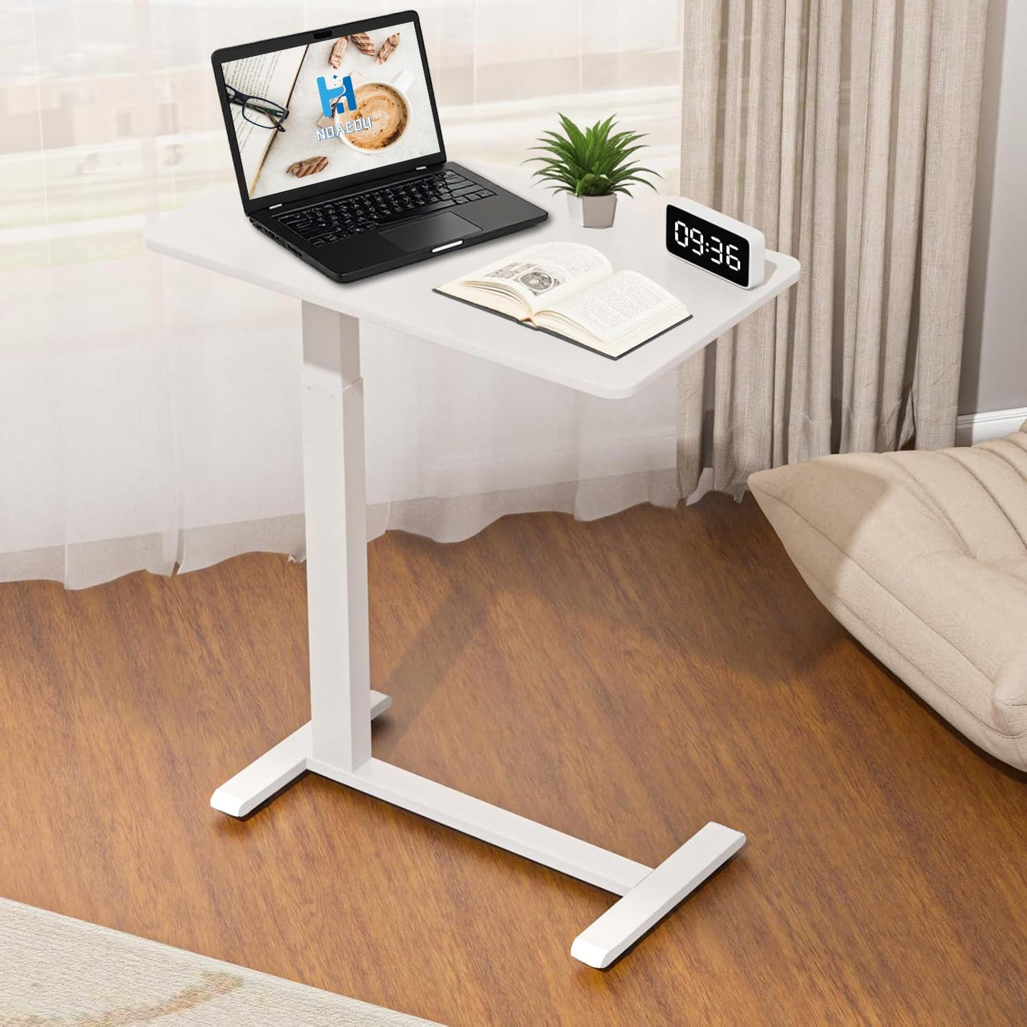 NOAEOU Adjustable Height Side Tables, Hospital Table over Bed for Home Use Swivel, Overbed Bedside Table with Wheels, Pneumatic Moveable Bed Desk, Moveable Rolling Computer Table (White) image number 3