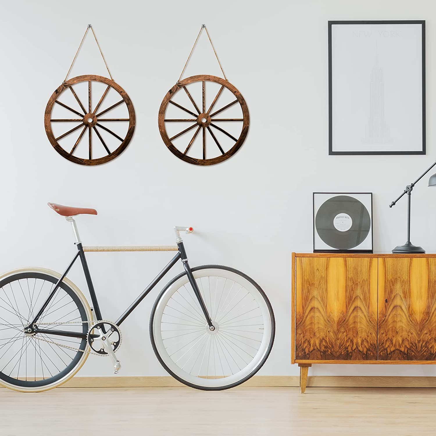 2 Pcs Wagon Wheel Decor Wooden Western Cowboy Party Decorations Vintage Rustic Wagon Wheel Wood Cartwheel Decor for Bar Garage Indoor Outdoor (Brown,12 Inch) image number 1