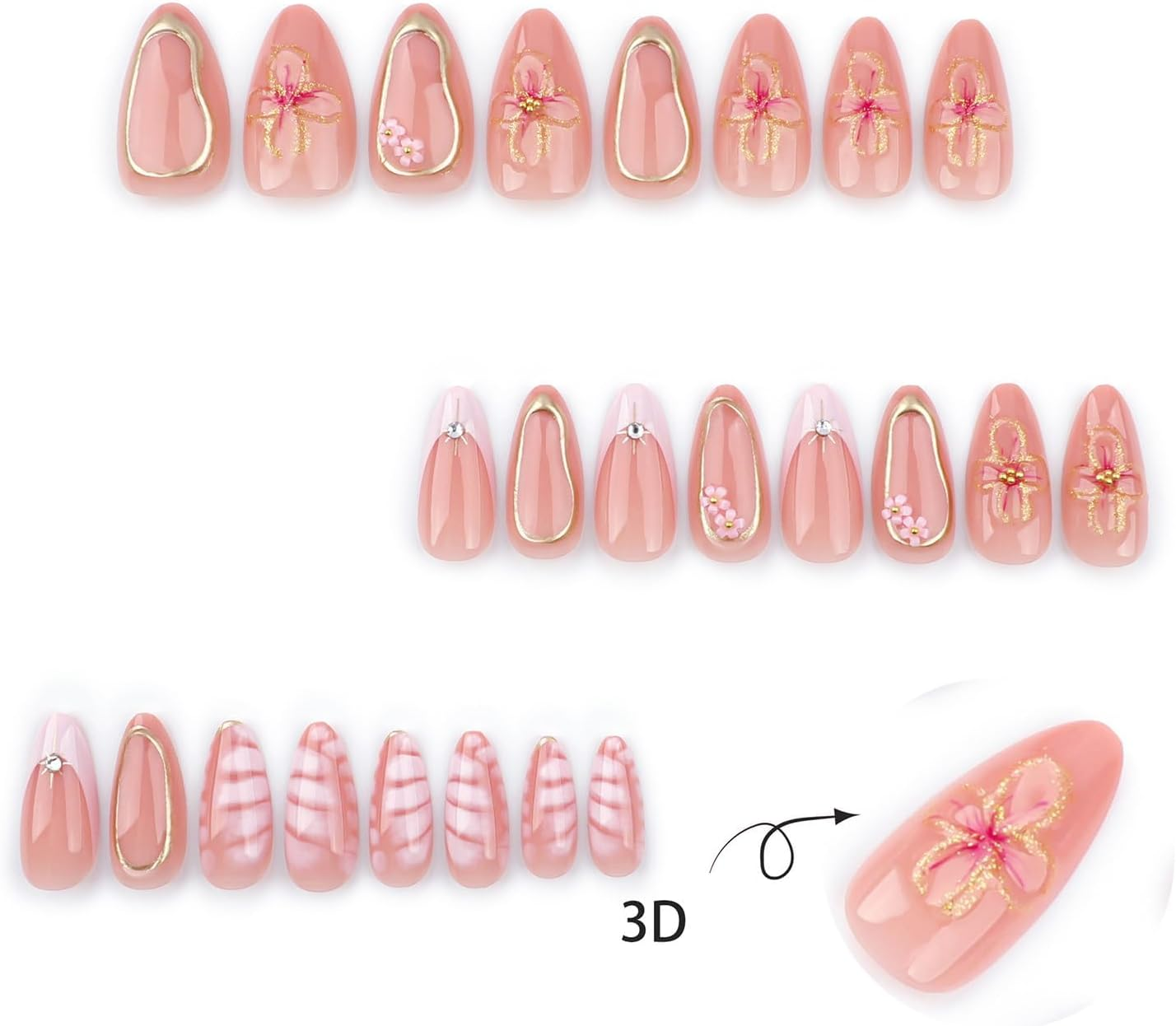 24 Pieces Press on Nails French Short Nails with Soft Gel Short Almond Nails Fake Nails with 3D Flowers & Pearls Adhesive Nails for Women image number 4