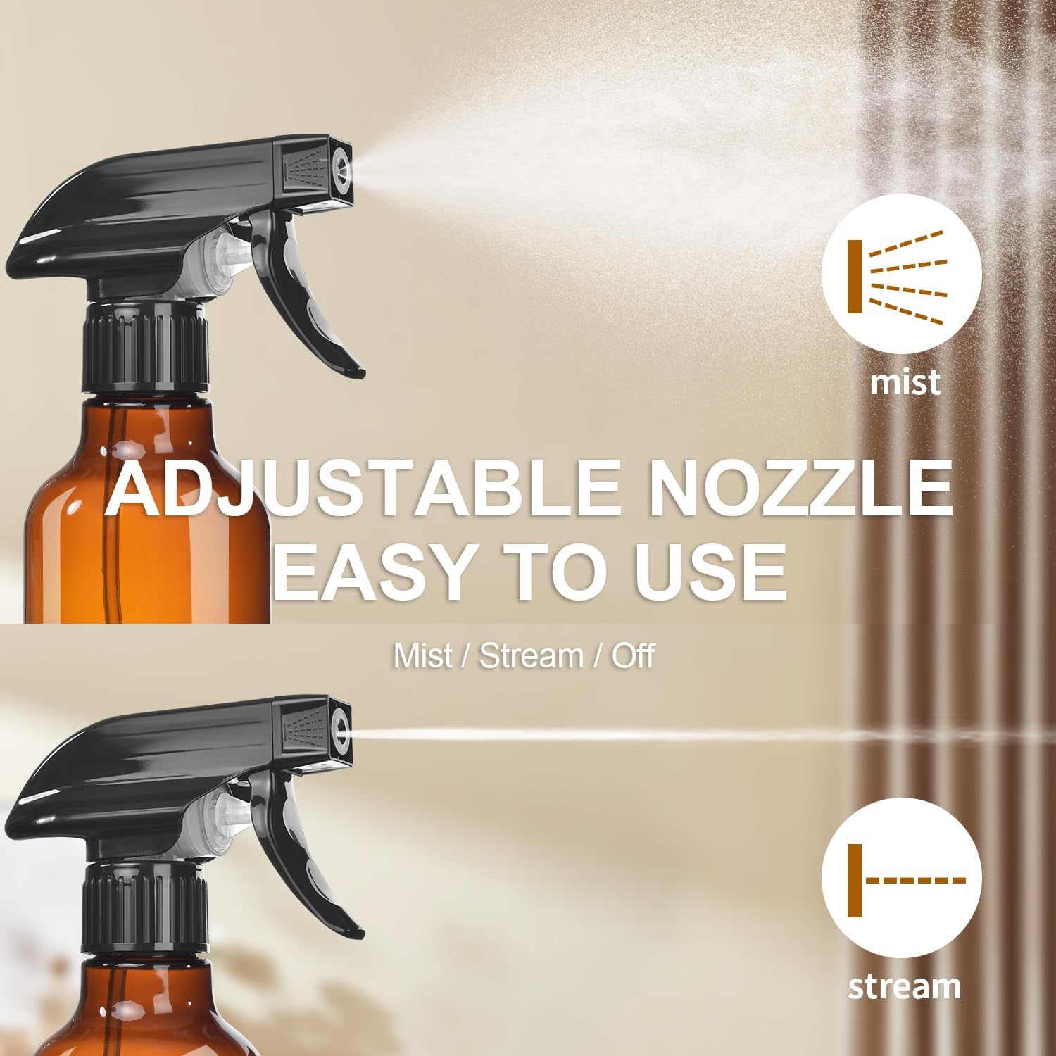 Uineko Spray Bottles 2-Pack, 10 Oz, Mist & Stream, Heavy Duty Spraying Empty Water Sprayer Bottle, BPA Free Plastic Refillable Containers for Cleaning Solutions, Plants, Hair, Essential Oils (Amber) image number 6