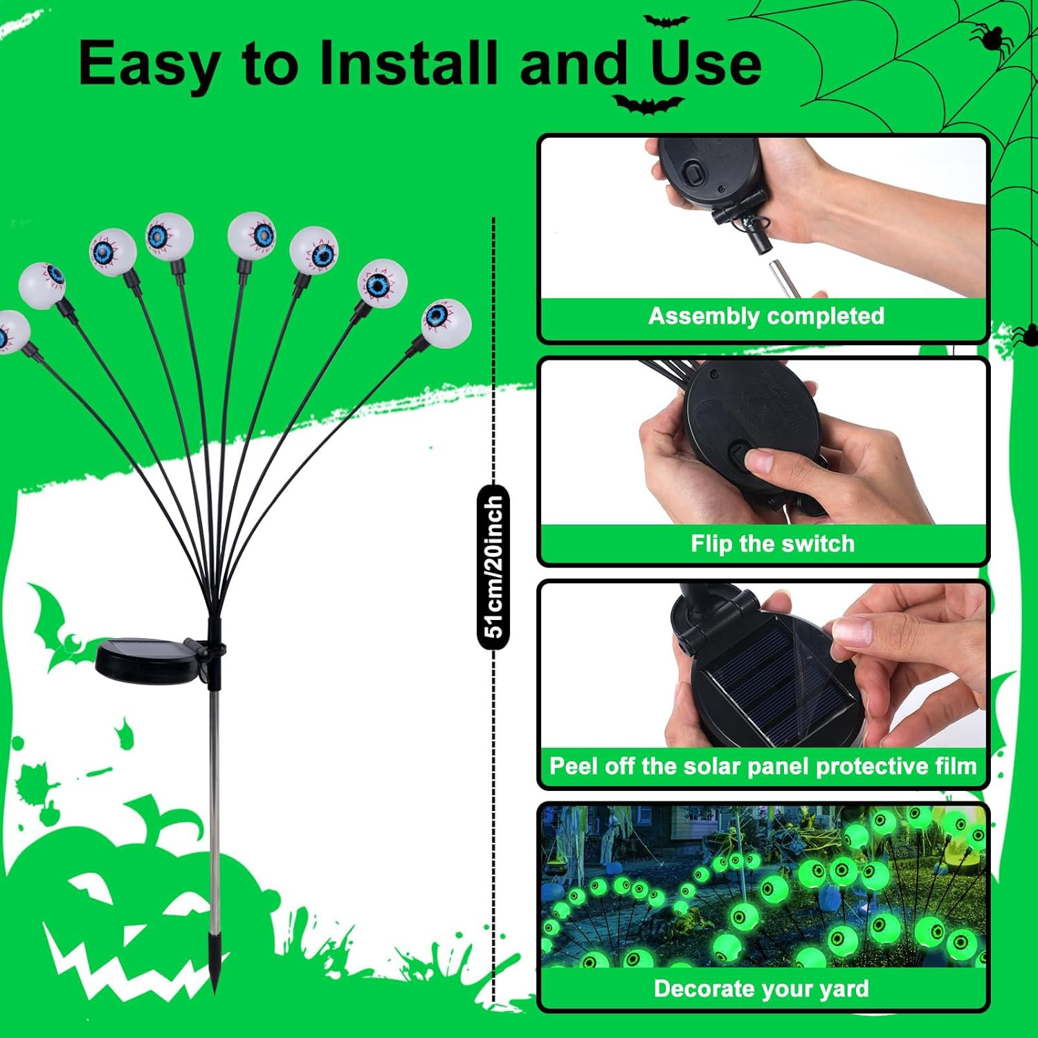 Harloon Halloween Decorations Outdoor Solar Scary Eyeball Lights, 2Packs 16LED Green Eyeball Swaying Firefly Lights, Waterproof Solar Halloween Path Lights for Yard Garden Lawn Party Decor image number 6