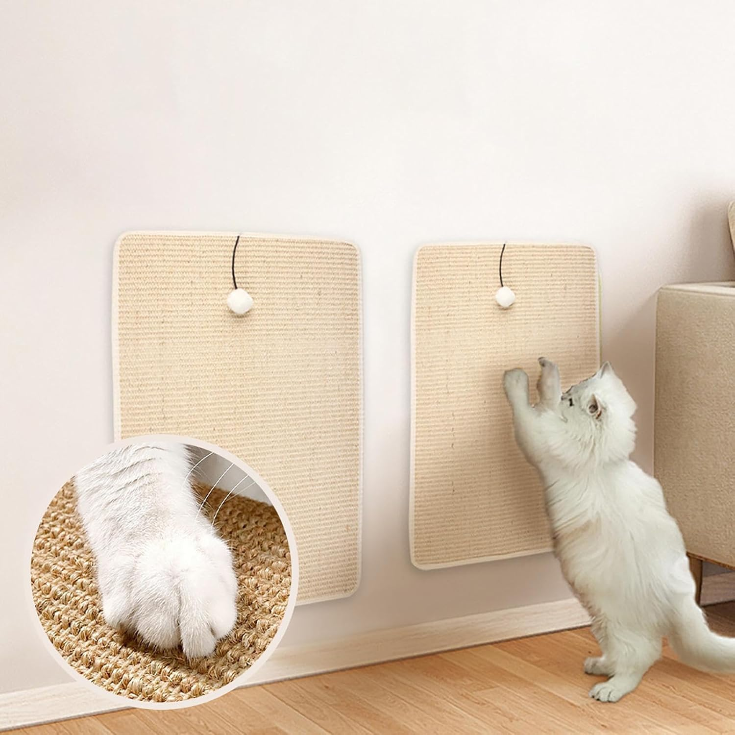 Sisal Mat for Cats, Wall Cat Scratch Pad with Plush Ball, Sisal Fabric Scratcher for Cats, Cat Wall Furniture Protector for Living Room image number 1