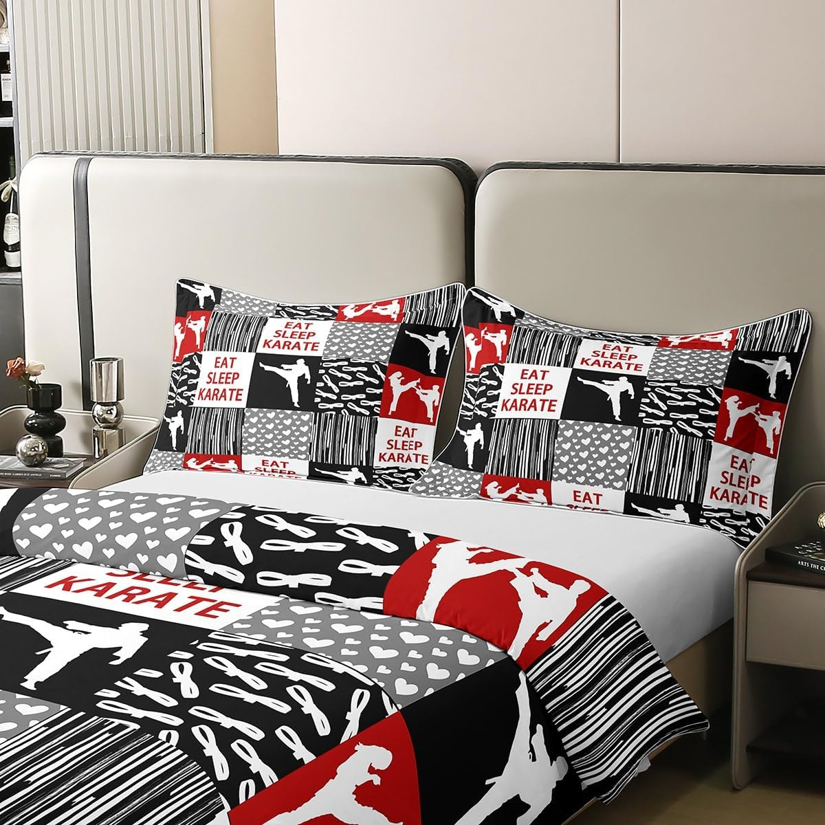 Homemissing Karate Decor 100% Cotton Bed Set Modern Geometric 100% Cotton Bed Set Martial Arts Duvet Cover Set Karate Red Bedding Set 135 X 200 Cm for Boys Girls Children image number 5