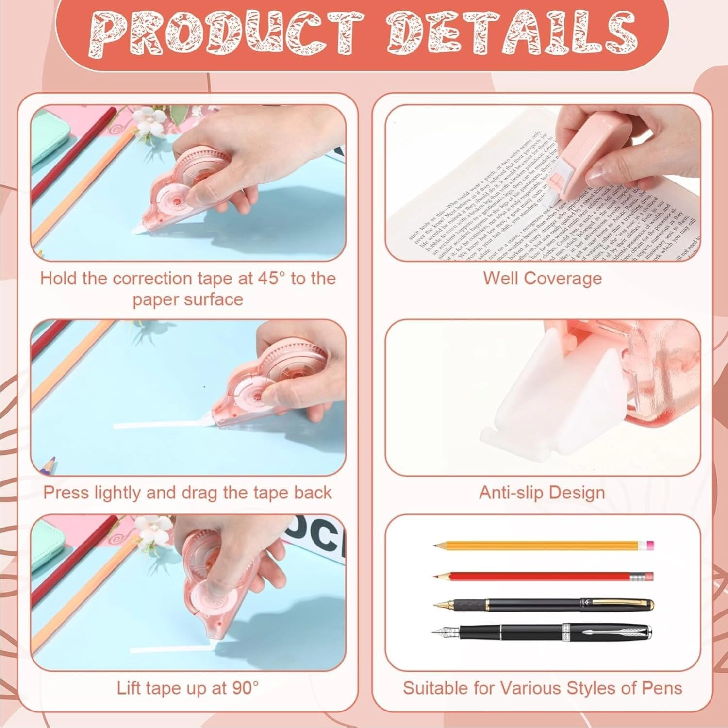 Lyfengdeam 5 Pcs Aesthetic Correction Tape Set Cute Tapes Quick Dry Easy to Use Applicator for Instant Corrections Students School Office Home Supplies White Out Correct - Macaron Color (Pink) - Pink image number 6