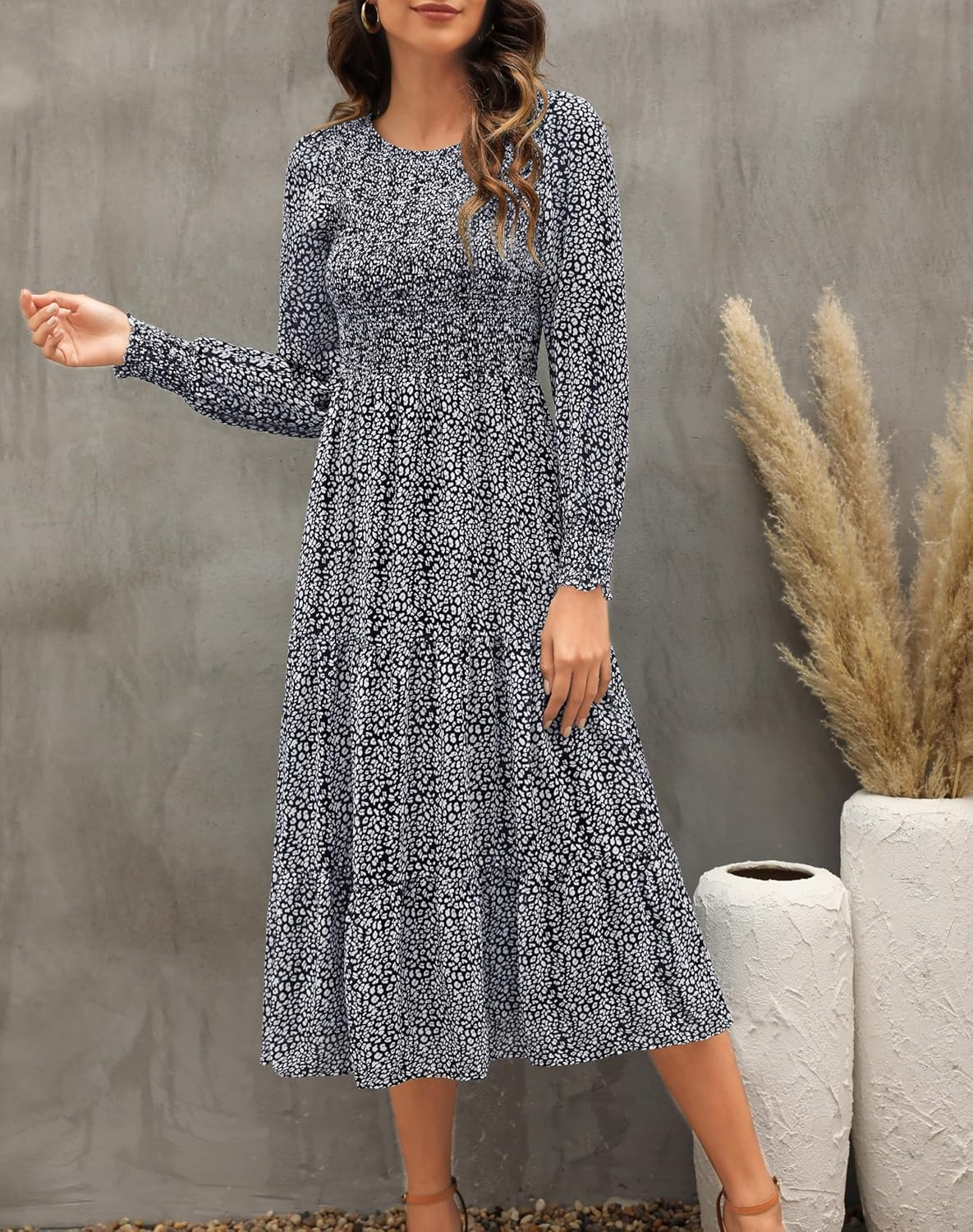 Zattcas Womens Fall Dresses 2024 Casual Long Sleeve Smocked Boho Floral Tiered Midi Wedding Guest Dress with Pockets