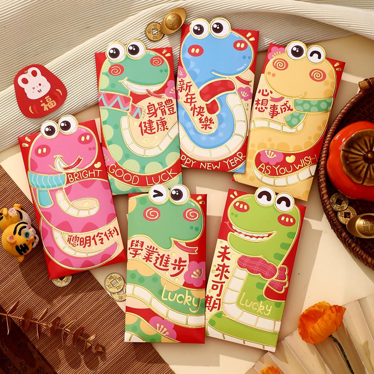 Chinese New Year Red Envelopes,12Pcs Red Envelopes Chinese Year of the Snake 2025 Lucky Money Envelopes for Cash Gifts,Cartoon Snake Hong Bao Red Pocket for New Year Spring Festival,8.8X16.8Cm